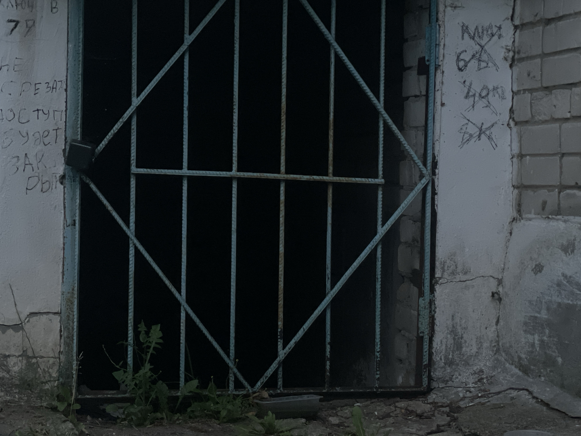 The image shows the exterior of a building in Kstovo, Russia, with a locked metal grate covering an opening. The grate is made of vertical bars and diagonal supports forming a diamond pattern. On the wall to the left of the grate, there is graffiti written in Cyrillic script. The wall itself is textured and shows signs of wear and tear, with cracks visible. The opening behind the grate is dark, suggesting it leads to an interior space or an area with low light. Some sparse vegetation is growing at the base of the grate and wall. On the wall to the right of the grate, there is more graffiti, including what appears to be numbers and symbols. The overall scene depicts a utilitarian and somewhat neglected urban environment.