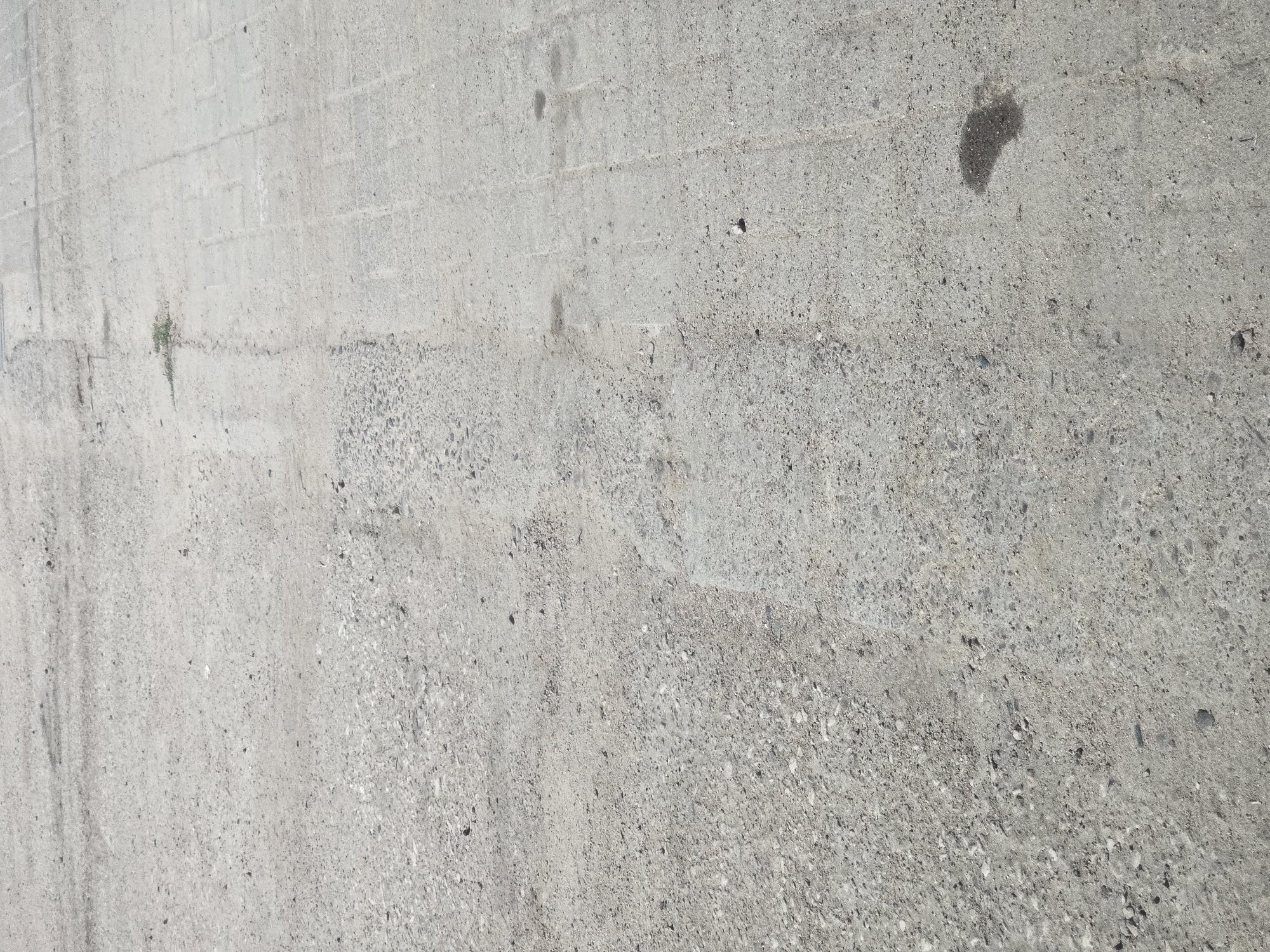 The image shows a close-up, ground-level view of a cracked and weathered concrete surface, likely a sidewalk or roadway in the city of Turka, Russia. The concrete is a pale gray color, with visible aggregate and patches of darker discoloration, possibly from oil or water stains. There are areas where the concrete has broken or eroded, revealing the underlying material. A faint grid pattern, suggesting paving stones, is visible on the right side of the image, merging into the rougher concrete on the left. A small clump of green vegetation sprouts from a crack in the concrete near the center of the image. The lighting suggests a bright, sunny day. No people or specific actions are depicted in the image.
