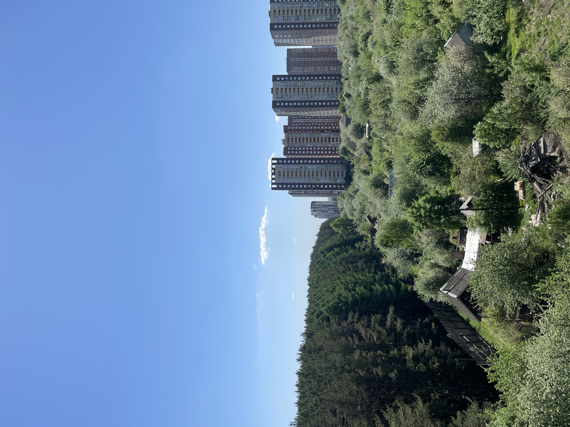 The image depicts a view of Izhevsk, Russia, under a clear blue sky with sparse clouds. The foreground and right side of the image feature dense foliage, indicating a wooded area. Amidst the trees, there are glimpses of dilapidated structures, suggesting abandoned buildings or ruins. In the mid-ground, a series of tall, residential apartment buildings rise above the tree line, contrasting with the natural landscape. The buildings are modern in design, with a mix of dark and light-colored facades, and multiple floors of windows. The orientation of the image is rotated such that the sky is on the left and the buildings and trees appear to be on their sides.