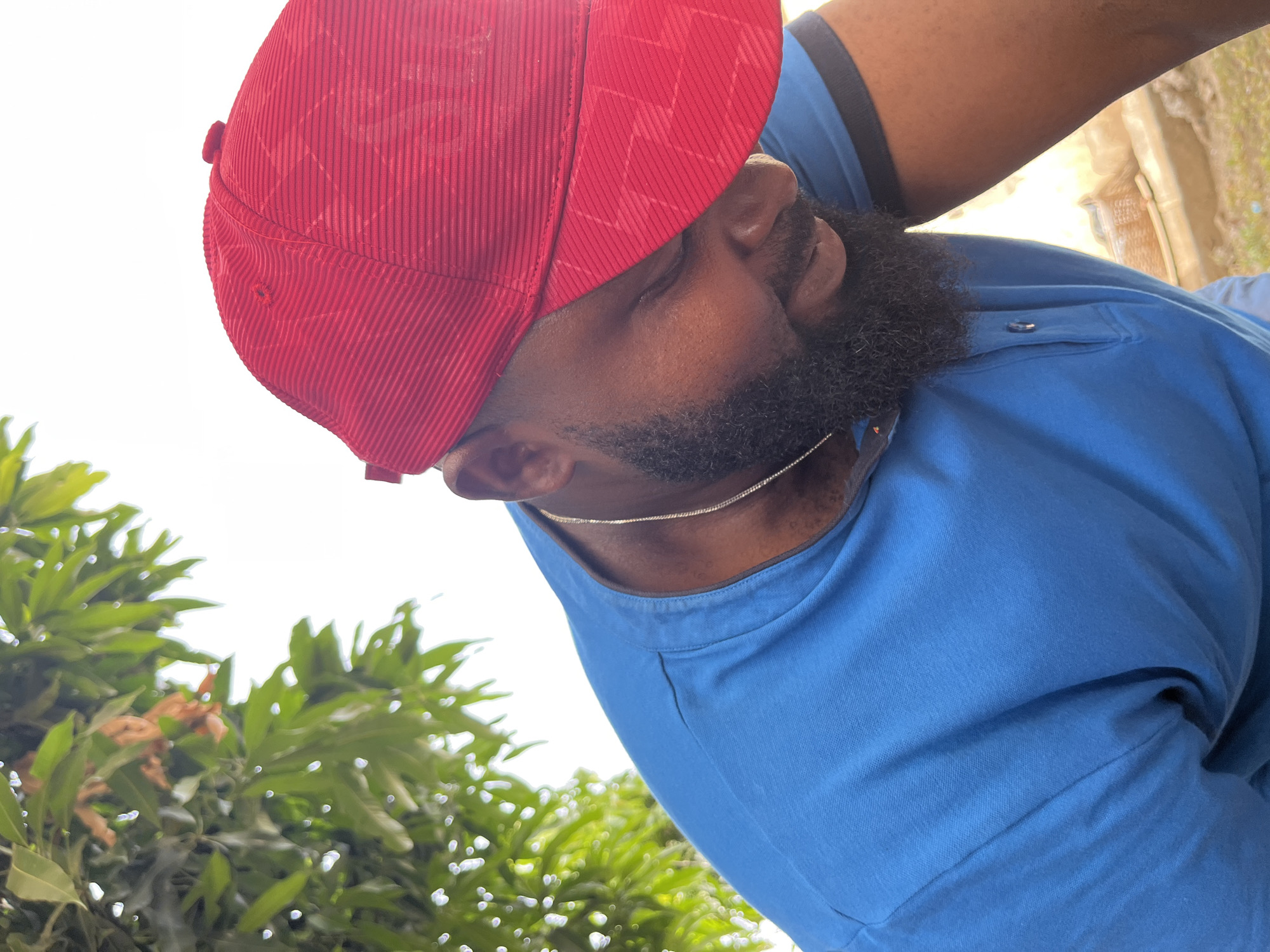An outdoor, rotated close-up shot features a person, likely a man, facing away from the camera's direct line of sight. He has dark skin, a prominent black beard, and is wearing a bright red corduroy baseball cap, which appears to have a subtle plaid pattern on the crown. A silver chain necklace is visible around his neck. He is dressed in a short-sleeved blue polo shirt with a buttoned placket.
The image is brightly lit, indicating daylight, and the background is largely an overexposed white sky, suggesting a clear day. Below the person's head and to the left (due to the rotation), lush green foliage from trees or shrubs is visible, some of which are slightly out of focus, adding depth to the scene. The overall impression is a casual, relaxed moment captured outdoors. No text is visible in the image.