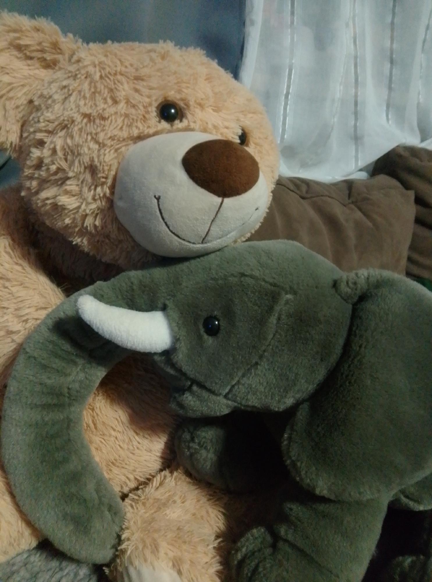 An extreme close-up shot focuses on two plush toys: a large, tan teddy bear and a smaller, green elephant. The teddy bear's head is visible in the upper left portion of the frame, with its eye and snout in focus. The elephant is positioned in front of and partially over the bear, with its trunk curling around the bear's chest. The elephant's tusks and eye are also visible. The background consists of soft, textured fabrics in muted tones, suggesting a domestic setting such as a bed or sofa. The lighting is soft and diffused, creating a gentle atmosphere. There is no identifiable location in the city of Wedel, Germany, visible in this image.