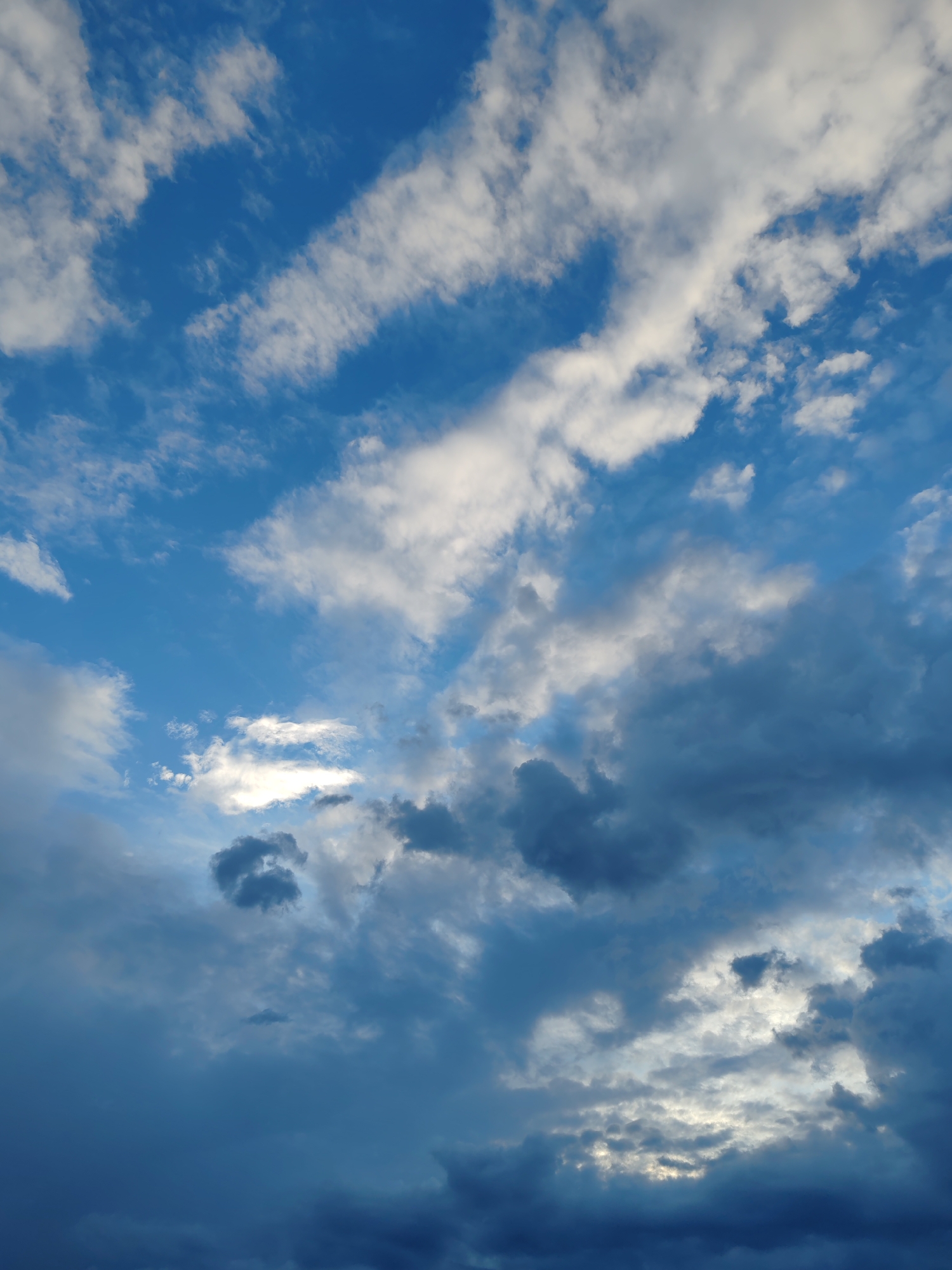 This is a vertical, eye-level, medium shot of a cloudy sky. The sky is a deep blue with varying shades of white and dark gray clouds. In the upper portion of the image, thin, wispy white clouds are spread across the blue sky, with some appearing almost translucent. Moving down, the clouds become thicker and more defined, with some showing darker, more ominous gray tones. The bottom third of the image is dominated by heavy, dark clouds that appear to be gathering. There are patches of light breaking through the clouds, particularly in the middle and upper right sections of the image, suggesting sunlight filtering through. The overall impression is of a dramatic and dynamic sky, possibly indicative of an approaching storm or a recent one. The image does not contain any people, specific landmarks, or objects that would allow for a definitive location within the city of Чухлэм, Russia. It is a generic depiction of a cloud-filled sky.