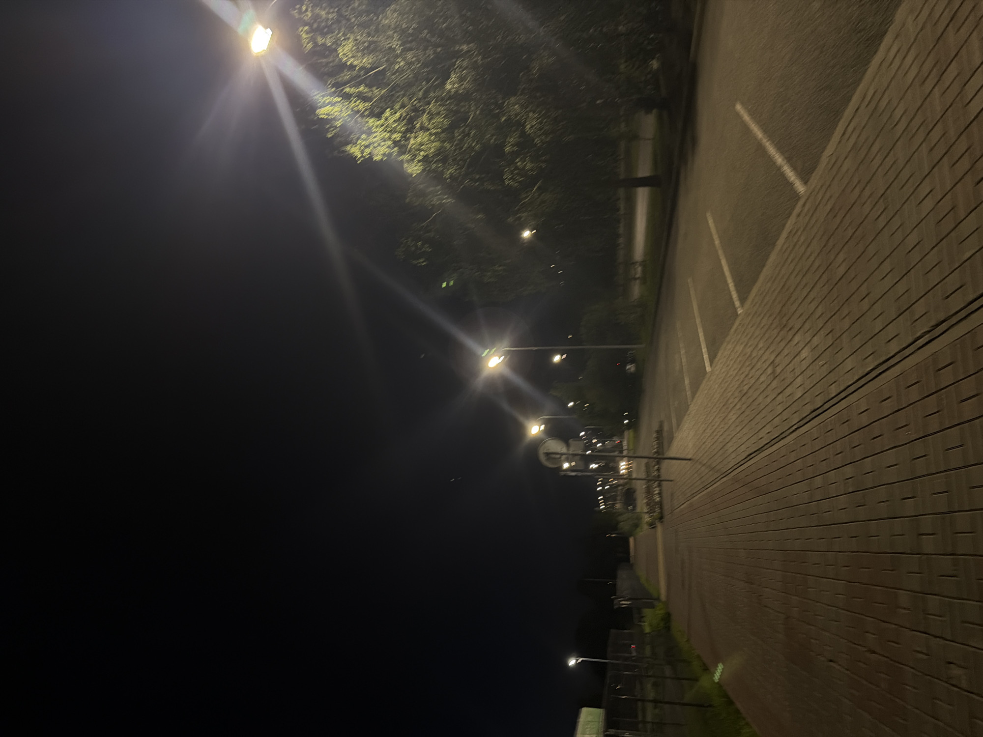The image depicts an outdoor scene at night, likely in Naberezhnye Chelny, Russia. A paved walkway, made of brick-like material laid in a repeating pattern, occupies the foreground and extends into the distance. Adjacent to the walkway is a parking lot with visible white parking space lines. On the right side of the image, a dense tree with bright green foliage is illuminated by a streetlamp, creating a strong glare that casts light rays. Several other streetlights are visible throughout the scene, casting pools of light and illuminating the pathway and surrounding areas. The sky is dark, indicating nighttime. In the background, there are hints of other structures and possibly more trees. The scene appears to be an urban or suburban area, possibly a park, a pedestrian zone next to a road, or an area adjacent to a commercial or residential complex. There are no people or vehicles explicitly visible in the frame.