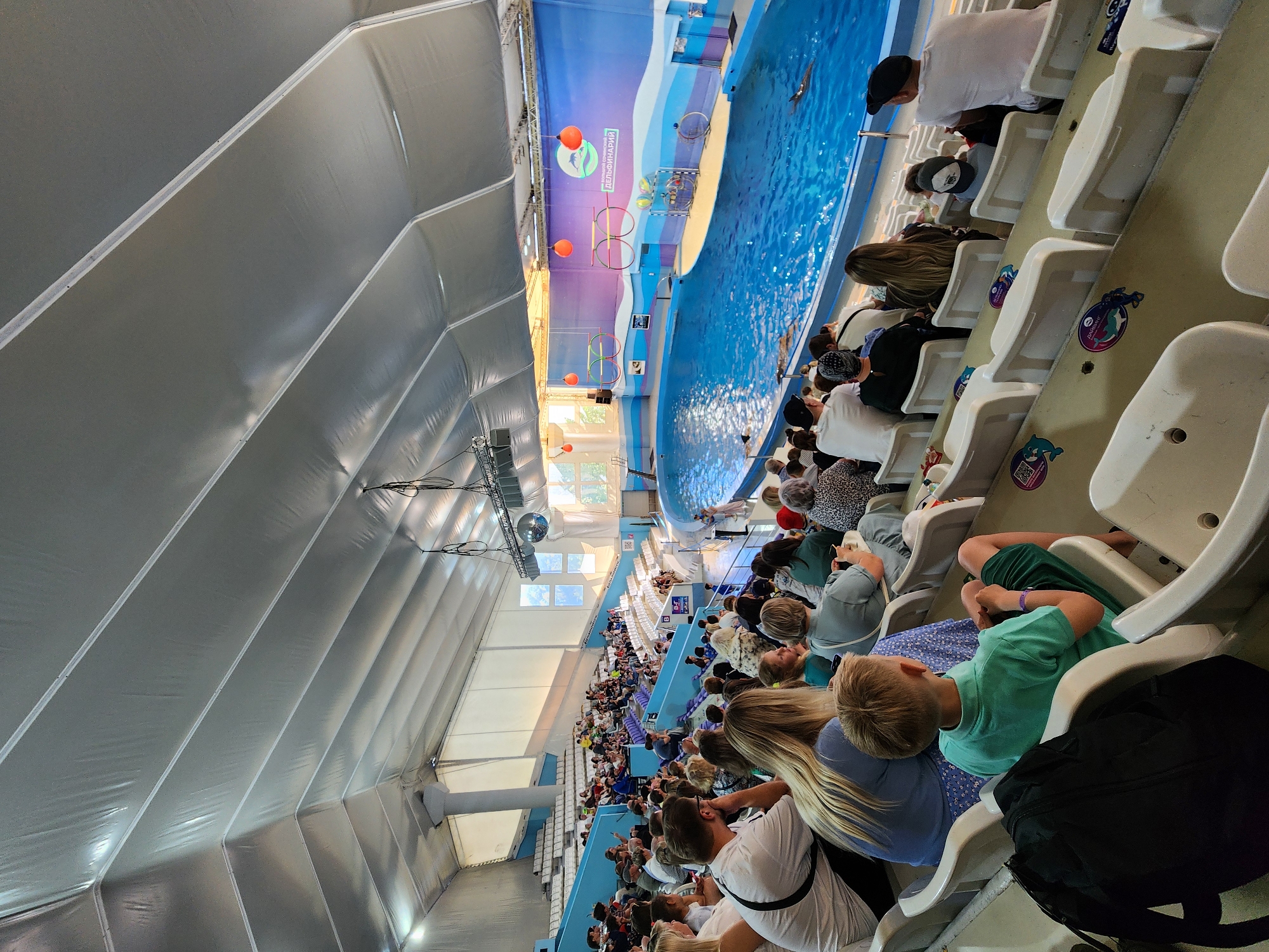 This media file captures the interior of a dolphinarium in Sochi, Russia, during a show or performance. The scene features a large audience seated in tiered, white stadium-style seating, all facing a spacious, blue water pool where marine animals perform.
Numerous people, including both adults and children, are present in the stands, appearing engaged and watching the event. One dark-colored marine mammal, likely a dolphin, is visible in the clear blue water of the pool. The pool area is equipped with various props used in the show, such as large orange balls or buoys, colorful hoops (red, yellow, and blue), and a small goal-like structure at the edge. The background wall behind the pool is painted with a gradient of blue and purple, featuring wave-like patterns.
A notable detail is the large, light-colored, fabric-like arched ceiling, suggesting the venue might be a large tent or a structure with a tensile membrane roof. The seating sections also feature stickers on the backs of some chairs, displaying dolphin imagery and QR codes. High above the pool, speakers and a disco ball are visible, hinting at theatrical lighting and sound elements for the show.
Crucially, on the back wall above the pool, a prominent logo includes the visible text "Сочинский дельфинарий," which translates to "Sochi Dolphinarium," confirming the location. The bright illumination suggests it is either daytime or the interior is well-lit for a performance. The overall atmosphere appears to be one of family entertainment and engagement.