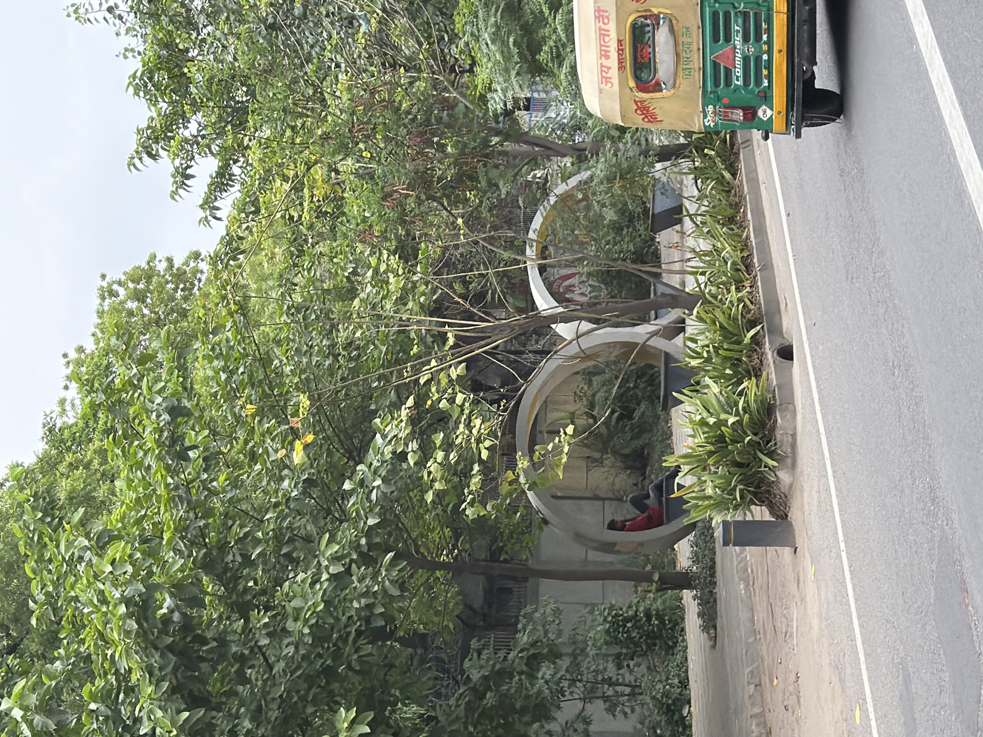 The image shows a street scene in New Delhi, India, with lush green trees lining a sidewalk. In the foreground, a yellow and green auto-rickshaw is partially visible on the right side of the frame, with text in Hindi on its rear. The auto-rickshaw has "Jay Mata Di" written on its top and "Compact" on its back. On the sidewalk, two modern, circular seating structures are visible. One structure has a person in a red shirt sitting inside. A bollard stands on the sidewalk next to a bed of green plants. The street in front of the sidewalk is asphalt with white lane markings. The sky is overcast.