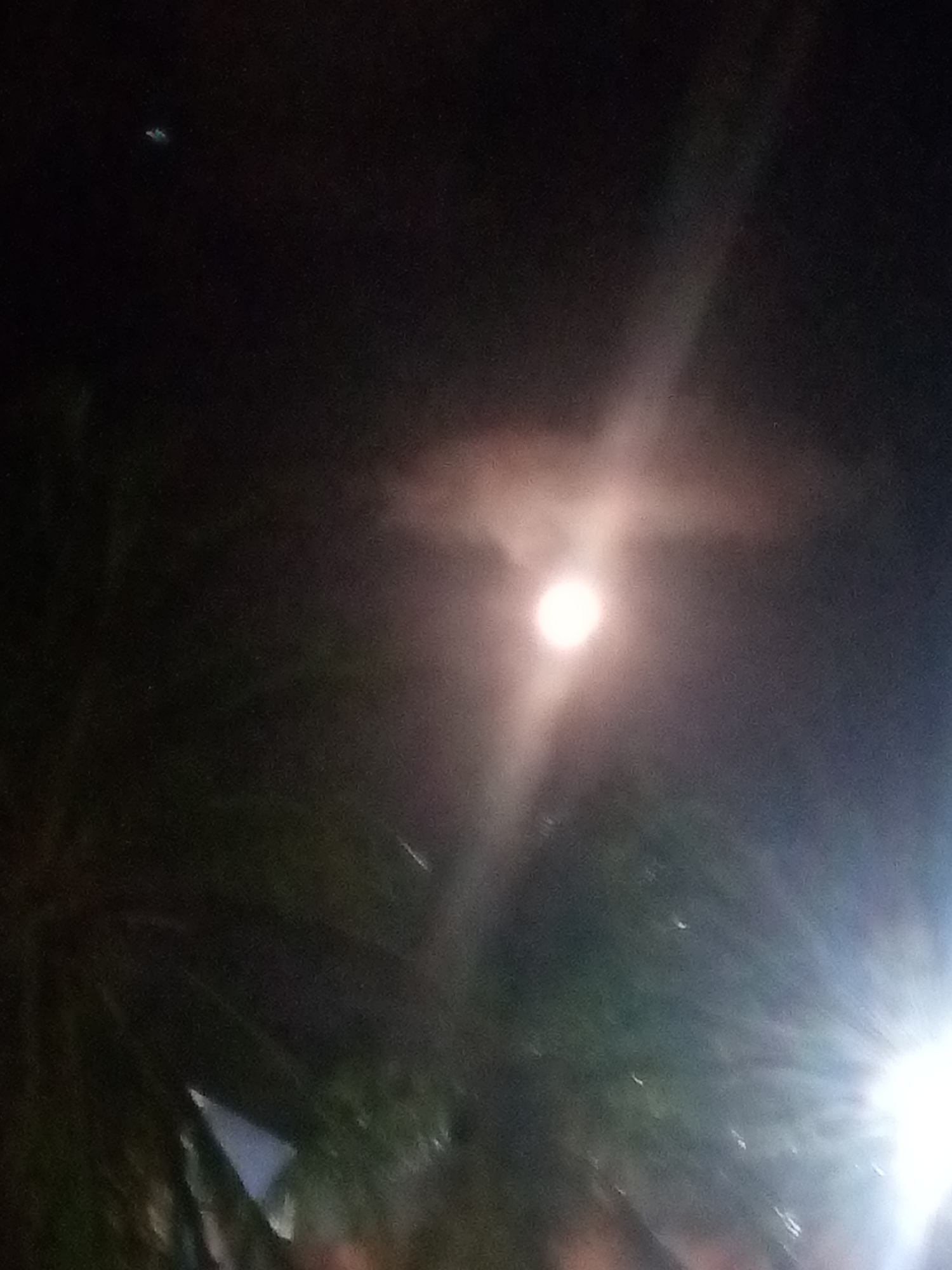 The image, likely taken at night in Juan Griego, Venezuela, shows a bright light source, possibly the moon or an artificial light, surrounded by a halo or lens flare. Dark foliage, likely trees or bushes, frames the lower portion of the image. The background appears dark, suggesting a night scene. The sky contains minimal visible detail beyond the light source and some vague cloud-like formations.
