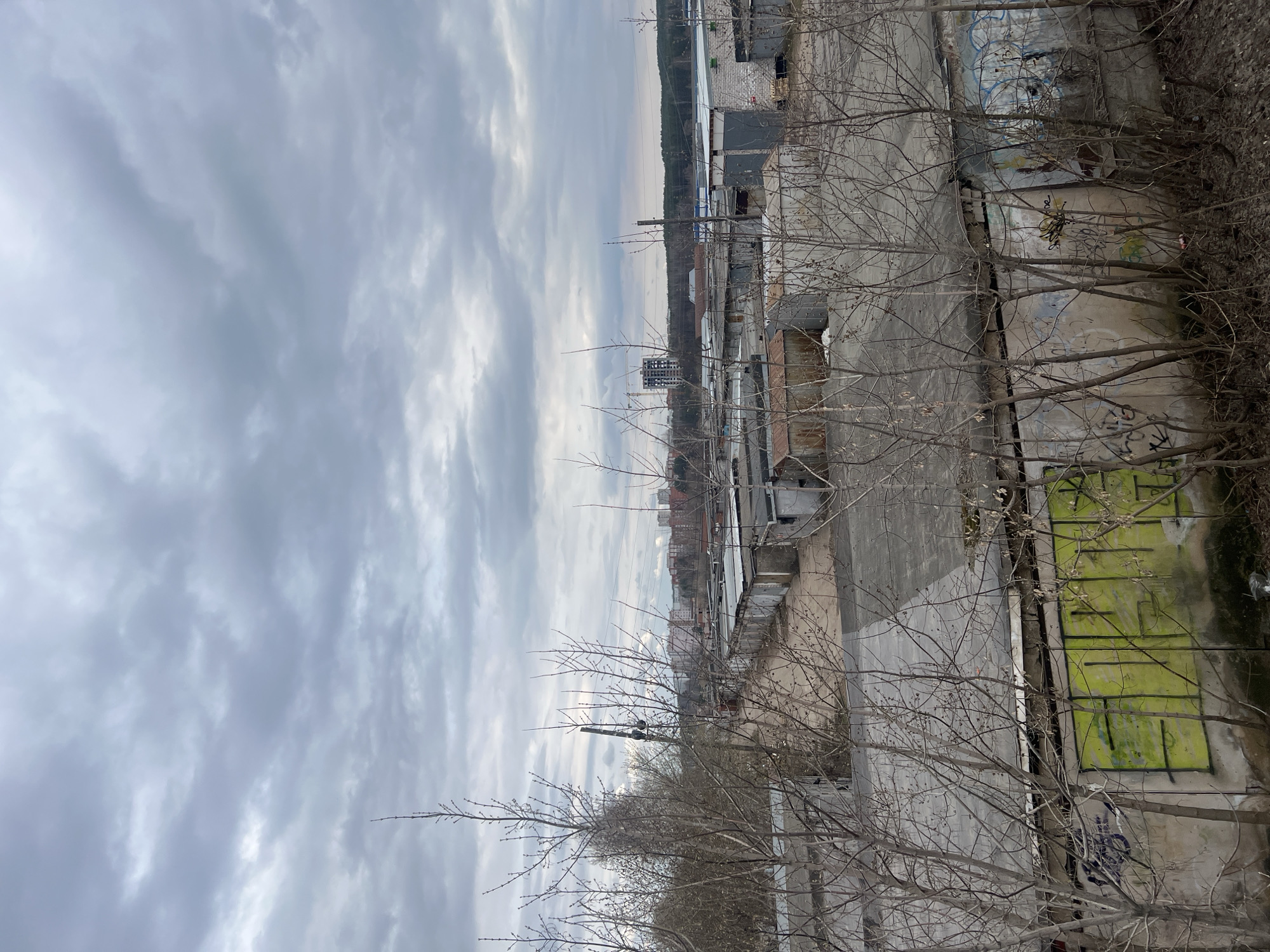 The image presents an overcast cityscape, appearing to be taken from an elevated position, possibly a high-rise building or a bridge. The location is likely in Chaikovsky, Russia, as it presents the dense urban character and common architectural styles found in Russian cities.
The foreground is dominated by leafless, bare trees, suggesting it's either late autumn or early spring. These trees partially obscure the view of the structures below.
In the midground, there's a row of garages and industrial buildings. These appear dilapidated with visible signs of wear, including graffiti and crumbling concrete. The roofs are mostly flat and grey.
In the background, one can see more buildings of varying heights, suggesting a moderate-sized city. The horizon is blurred by a haze or smog, further emphasizing the industrial nature of the area.
The sky is uniformly grey and overcast, contributing to the bleak, somewhat depressing atmosphere of the scene. There are no visible people or signs of life in the immediate foreground or midground. The overall impression is of an industrial or post-industrial area in a state of disrepair, viewed under unfavorable weather conditions.