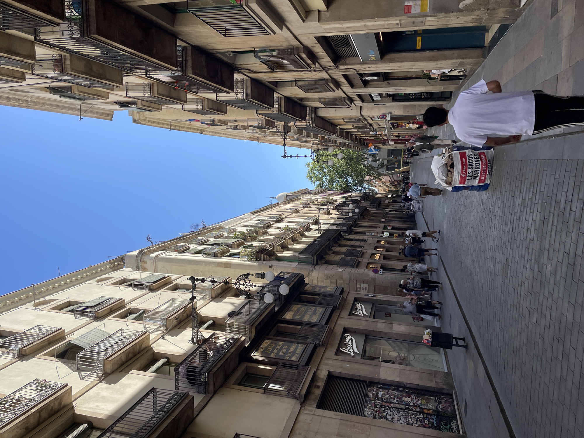 The image portrays a bustling street scene in Barcelona, Spain, under a clear, bright blue sky. Tall, multi-story buildings line both sides of the paved street, characterized by their numerous balconies with decorative iron railings and window shutters. The architecture is typical of a European city, with shops and businesses occupying the ground floors and residential units above.
In the foreground, a person wearing a white t-shirt and dark pants is seen pushing a cart loaded with large white sacks. Visible text on the sacks includes "Ester.cat", "LOS SACOS MARRONES" (The Brown Sacks), "RECOGIDA CON APP" (Collection with App), and a phone number "902 100 625". Further down the street, other pedestrians are walking, some congregating near storefronts.
Ornate streetlights extend from the building facades, adding to the urban aesthetic. Various shop signs are visible, including "Lucciano's," "PASTELERÍA" (Pastry Shop), and text indicating "COMESTIBLES FINOS" (Fine Foods). Graffiti, notably the word "OHOR," can be seen on a lower wall to the left. The bright sunlight and lack of clouds suggest a warm, clear day, likely midday or early afternoon, capturing the everyday activity of a vibrant city street.