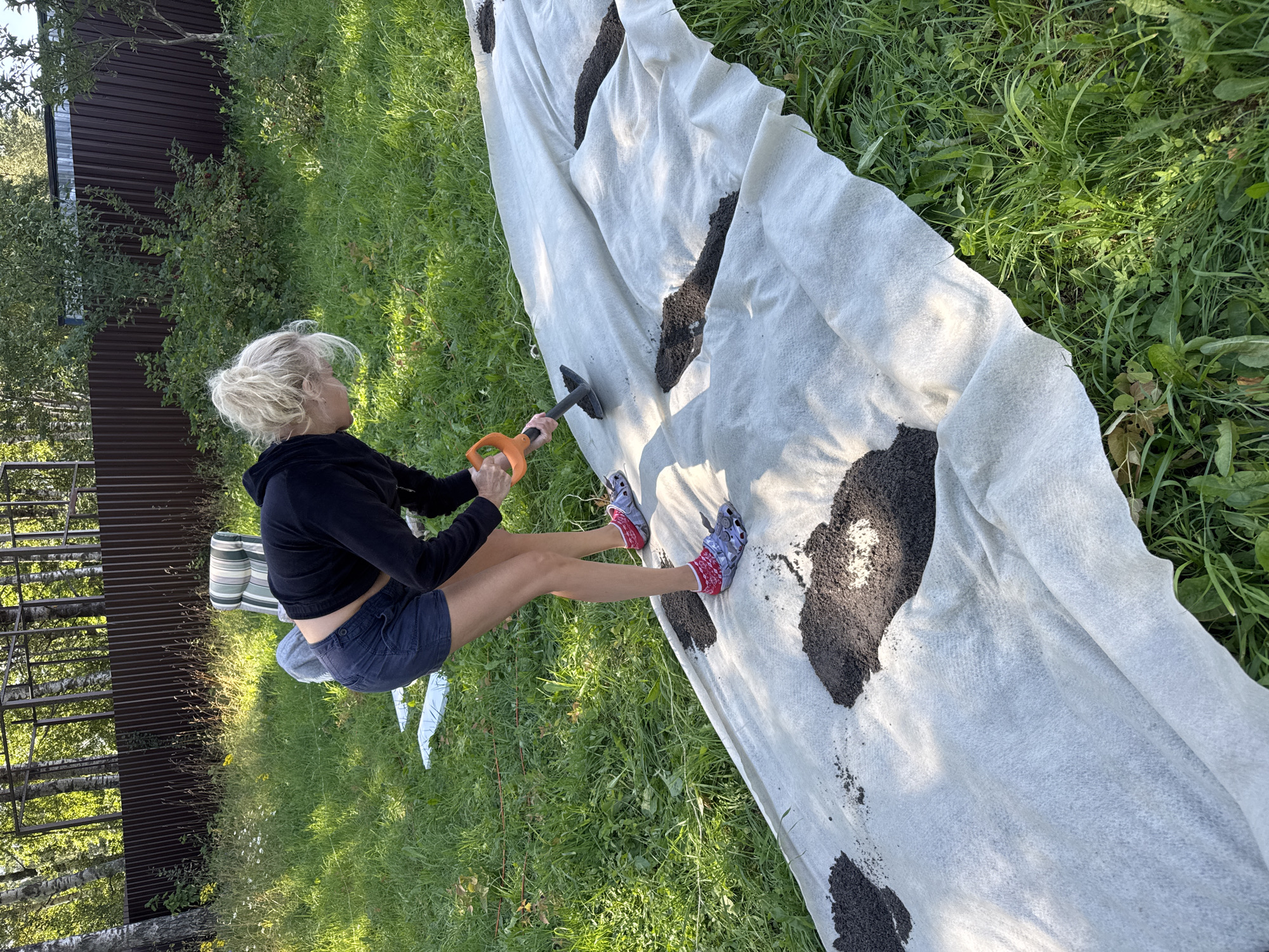 In a sunlit, grassy yard in Steklyannyi, Russia, a blonde woman with her hair in a bun is working outdoors. She is wearing a black hooded sweatshirt, dark blue shorts, and multi-colored clogs with socks. The woman is bent over a large piece of white geotextile fabric spread on the ground. She is using a small shovel with an orange handle to scoop dark soil from a pile on the fabric and move it to another location on the fabric. The fabric is laid out in sections, with several dark piles of soil already dispersed across its surface. In the background, a dark brown corrugated metal fence runs horizontally across the frame, bordered by trees and foliage. A striped lawn chair is visible to the left of the woman. The ground is covered in green grass and some weeds.