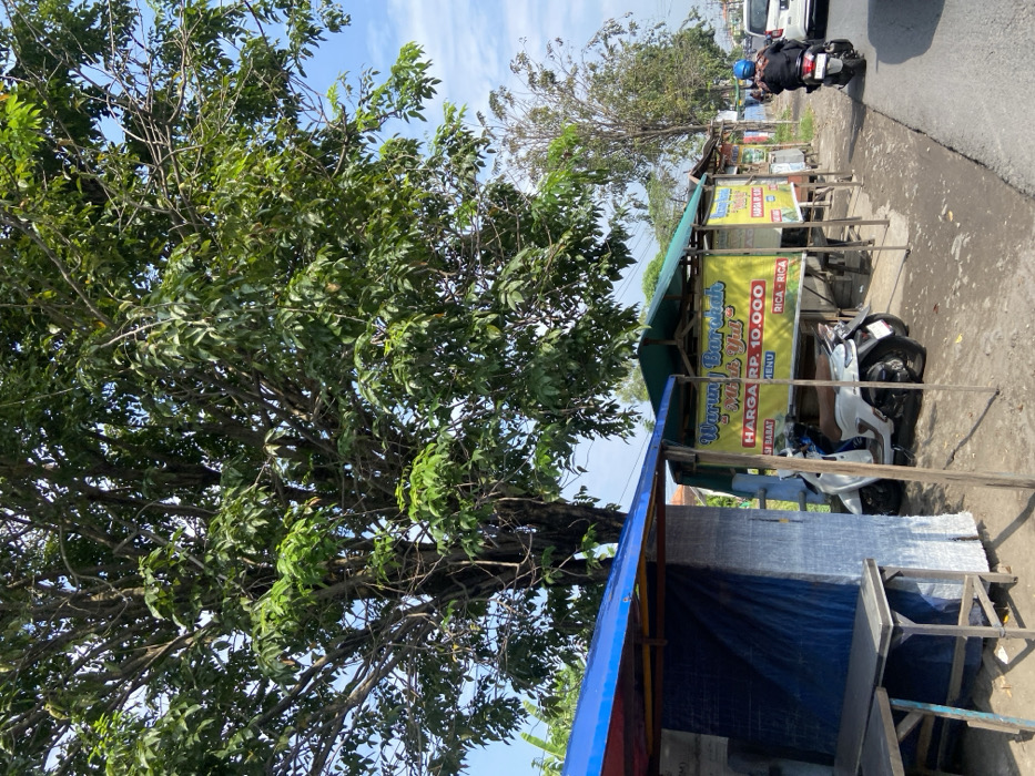 The scene is a street side food stall in Kecamatan Tanggulangin, Indonesia, located at coordinates -7.498 latitude and 112.69 longitude. The stall, named "Warung Barokah," has a yellow sign with the words "Warung Barokah" and "Harga RP. 10.000" visible. The stall is located on the side of the road. A motorcycle is parked in front of the stall. A person is riding a motorcycle on the road. The environment includes a large tree on the left and other trees in the distance. The ground is paved with asphalt. The sky is clear and blue.