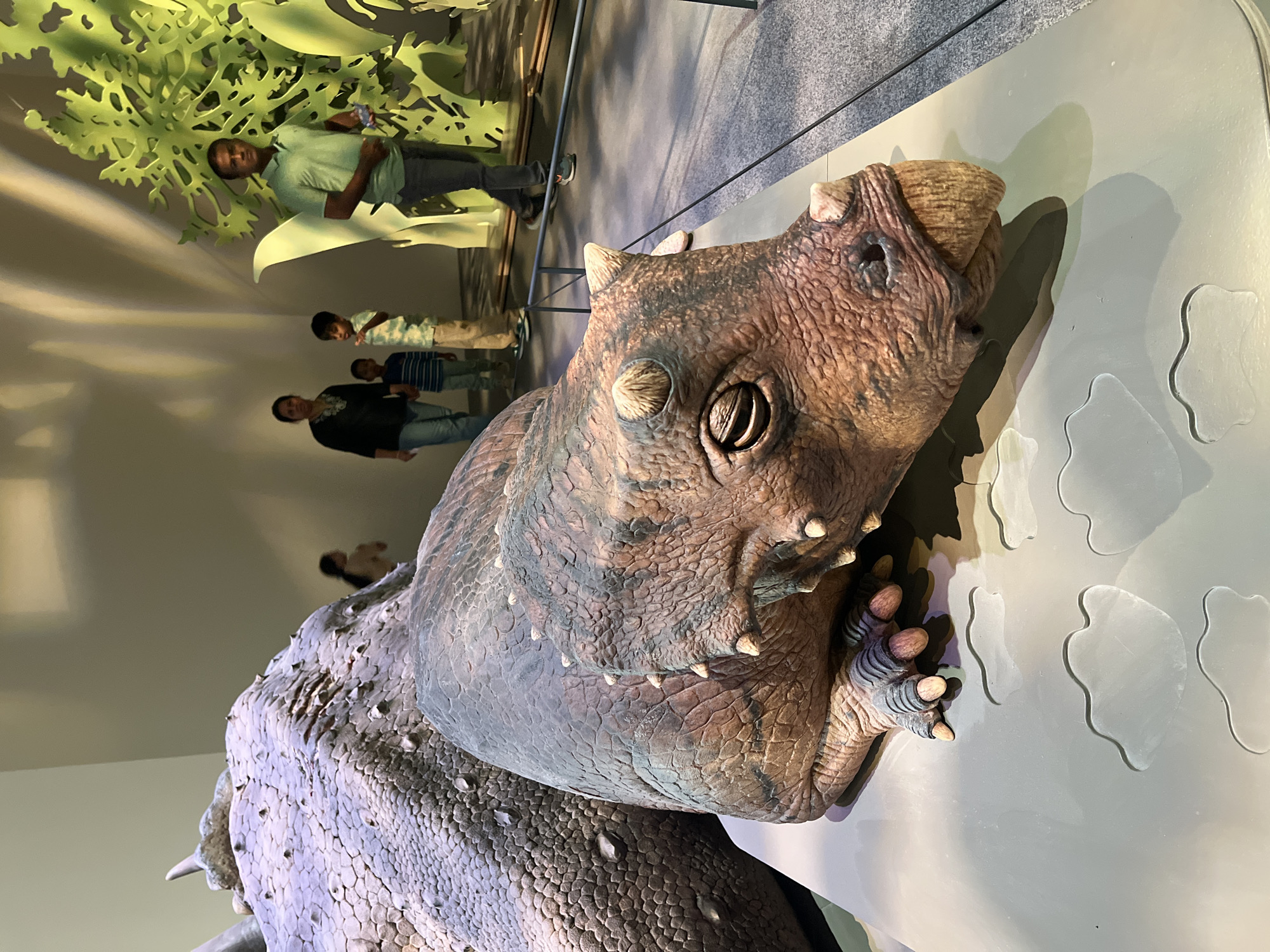 The image displays a close-up of a dinosaur model in a museum setting, likely in Abu Dhabi, United Arab Emirates. The dinosaur model, which appears to be resting, has detailed scaly skin and prominent horns and spikes on its head. Its mouth is slightly open, revealing a beak-like structure. In the background, out of focus, several people are visible, including a man in a green polo shirt and dark pants, a woman in a black top, and two children. The environment includes a large, abstract green sculpture and a wall with soft lighting. The foreground shows a grey platform with cutout shapes resembling footprints.