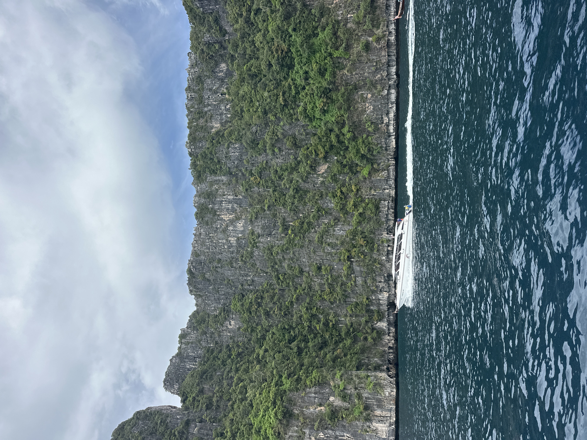 A speed boat moves through dark blue water in front of a sheer cliff face covered in green foliage. The cliff face is rocky and uneven, with many indentations and ledges. The sky above is cloudy, with patches of blue sky visible. The boat is white with a red stripe and has several passengers visible inside. The water is choppy, with white wakes trailing behind the boat. The scene is serene and picturesque, suggesting a tropical location. The location is Haad Hin Khom, Thailand, known for its dramatic limestone cliffs and clear blue waters.
