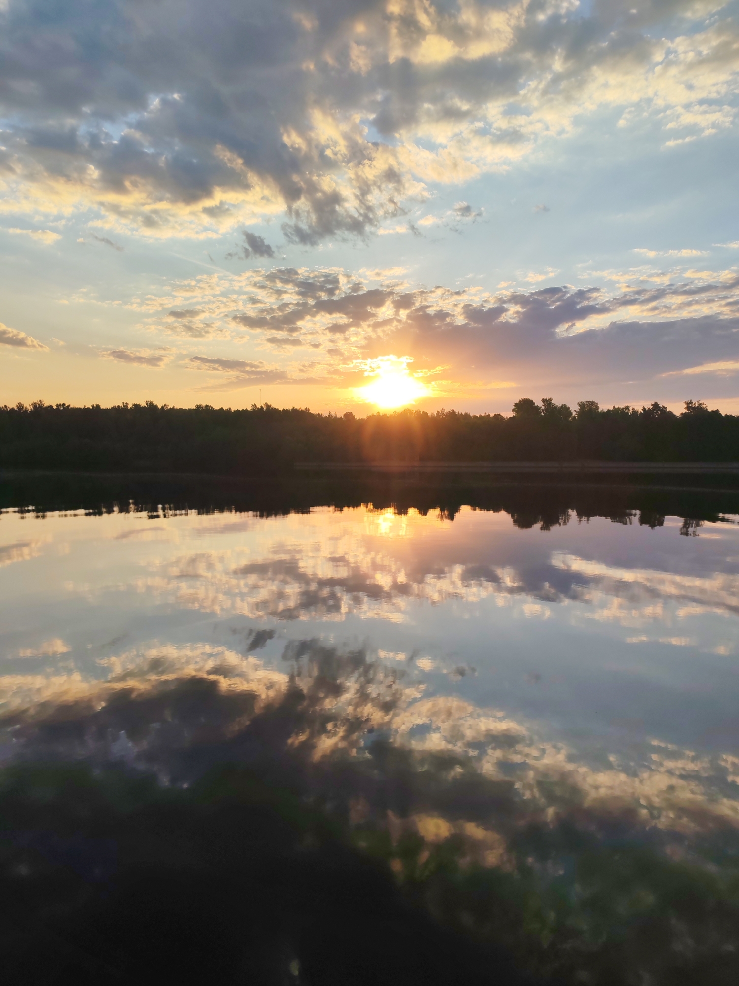 The image depicts a sunset over a body of water, likely a lake or river, in Ermolino, Russia. The sun is setting behind a line of trees in the distance, casting a golden glow across the scene. The sky is filled with clouds, reflecting the warm colors of the sunset. The water reflects the sky and trees, creating a mirrored image. The bottom of the image is dark, possibly indicating the foreground shoreline. There are no people visible in the image. The dominant elements are the natural landscape: the water, the sky, the trees, and the setting sun.