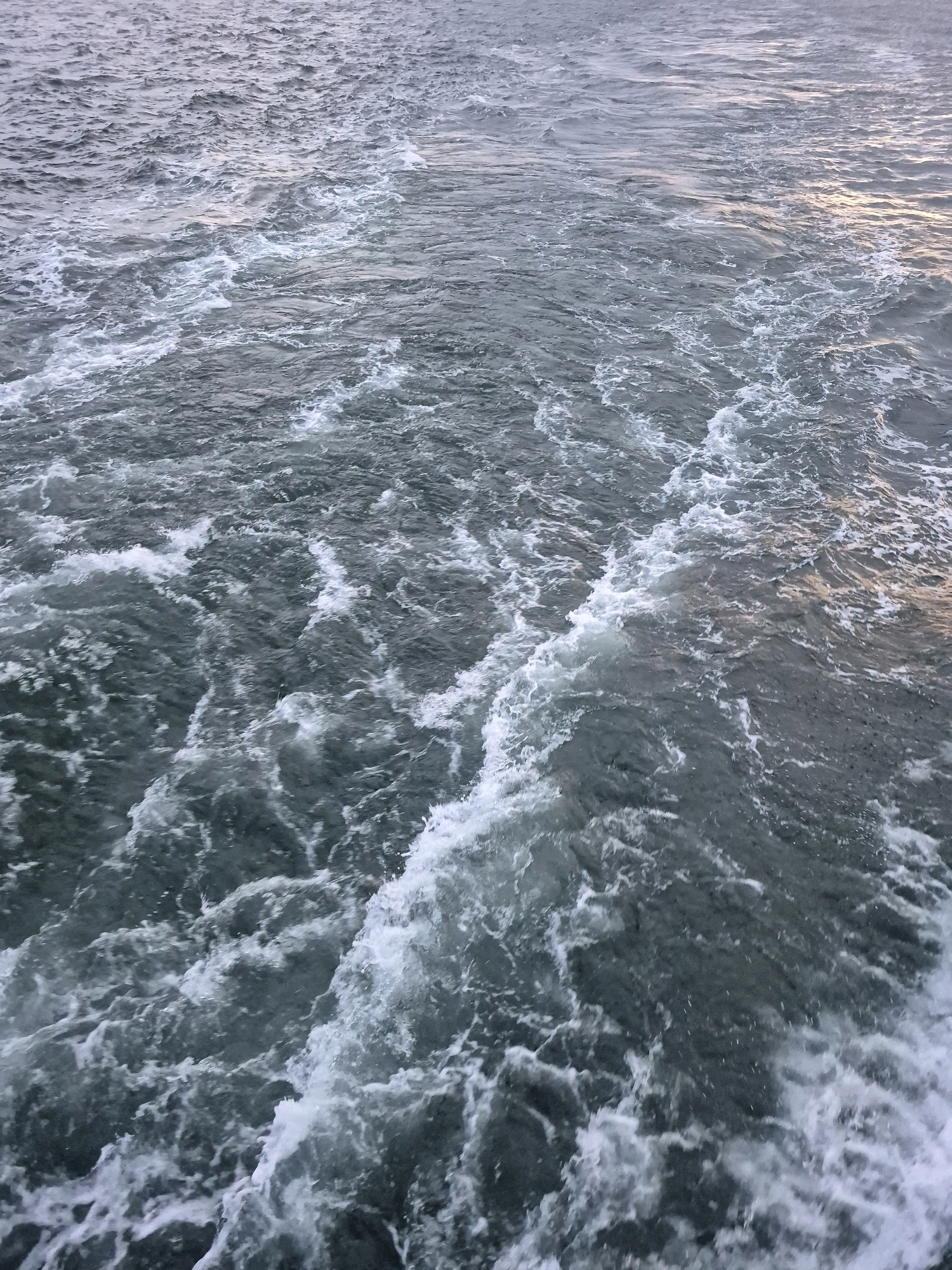 The image shows a close-up view of disturbed water, likely a wake from a moving vessel, viewed from above. The water is a dark gray-blue color with significant white foam and turbulence, indicating a choppy surface. The lighting suggests it may be overcast or late in the day, with some subtle reflections of light on the water's surface. There are no discernible objects, people, or structures in the frame, focusing solely on the movement and texture of the water. The scene is devoid of any specific geographical markers that would allow for identification of a location within Germany or any other city.