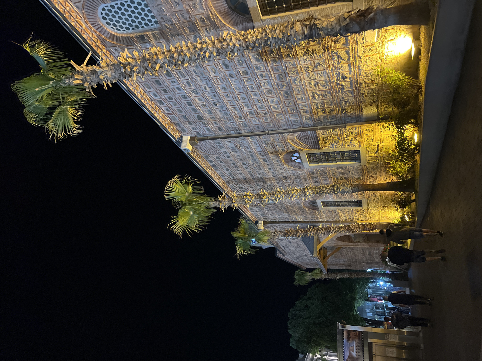 At night in Plovdiv, Bulgaria, a stone building illuminated by yellow lights stands alongside a walkway. The structure features distinctive patterned brickwork. Tall palm trees flank the building. On the walkway, several people are visible, appearing to stroll by the building. The scene includes other trees and a billboard-like structure with advertising at the bottom of the frame. The sky above is dark.