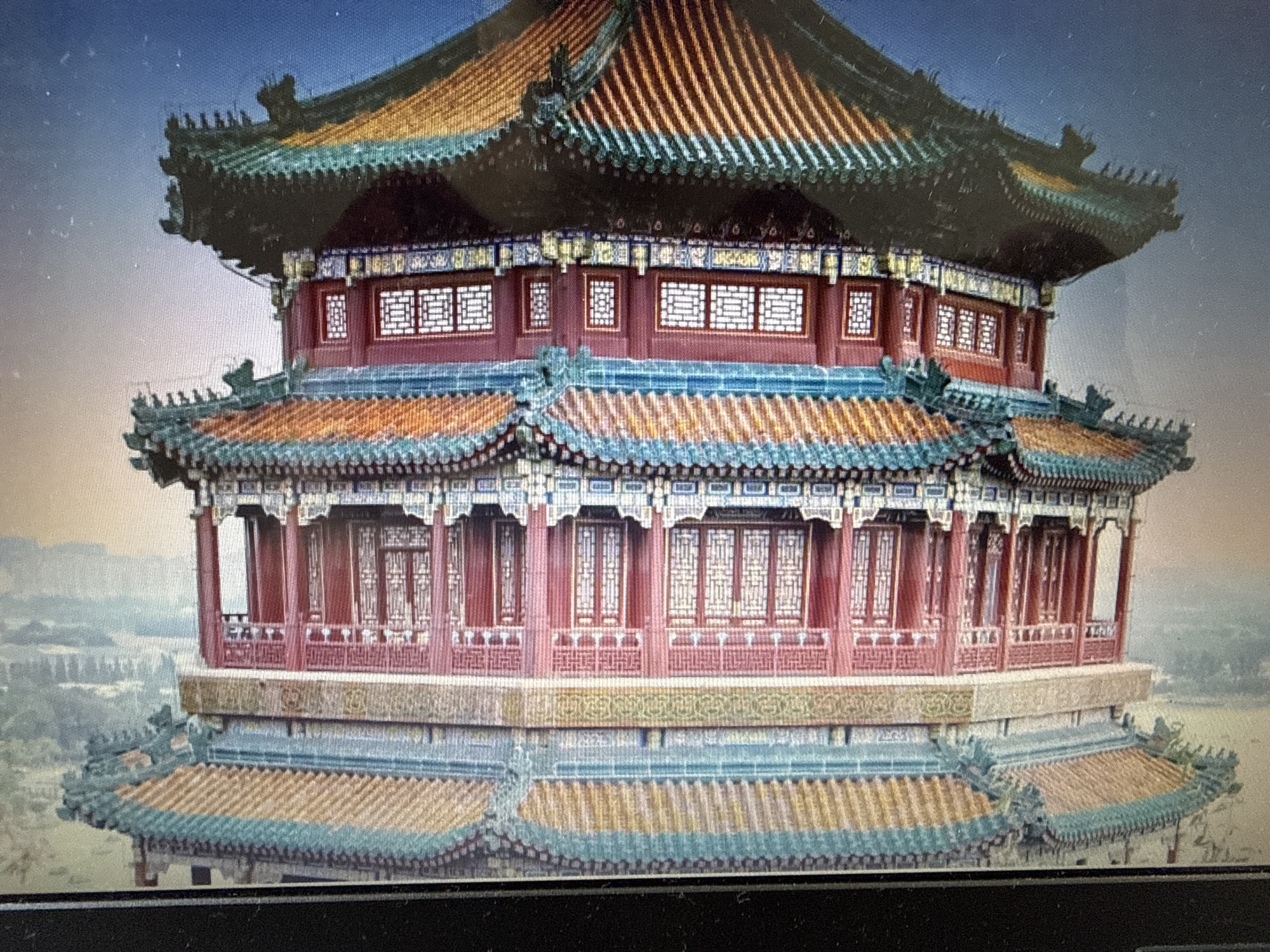 This media file depicts a detailed view of a multi-tiered, traditional East Asian architectural structure, likely a temple or pavilion, against a hazy, muted sky. The building features a complex roofline with overlapping tiers, adorned with vibrant green and gold tiles, characteristic of imperial Chinese architecture. The walls are painted a deep red, interspersed with numerous windows featuring intricate white latticework. Decorative elements, including ornate eaves and supporting columns, are visible on each level.
The scene is presented from an elevated perspective, looking down slightly on the structure. The background is indistinct, suggesting a landscape with soft, rolling hills or distant structures, rendered in a muted palette of grays and beiges, indicating either a foggy atmosphere or a deliberate artistic choice to de-emphasize the surroundings. There is no visible text in the image. The overall impression is one of grandeur and historical significance, with the building being the clear focal point. The lighting is soft and diffused, suggesting either an overcast day or diffused lighting conditions, with no harsh shadows.