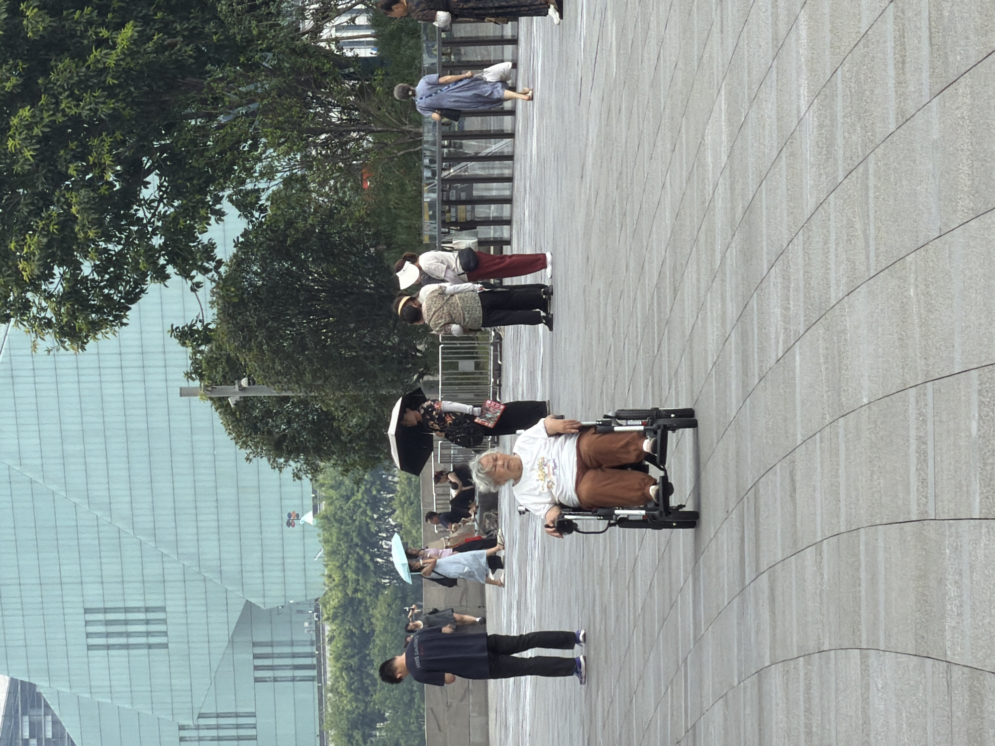 In Yuzhong District, China, an elderly woman with grey hair, wearing a white t-shirt and brown pants, is seated in a black wheelchair in the foreground. She is facing forward, looking slightly to her left. The wheelchair has large rear wheels and smaller front wheels. The pavement where she is situated is made of large, light grey rectangular tiles with darker grey grout lines that form a curved pattern.
In the middle ground, several other people are visible. To the left, a young man wearing a dark blue t-shirt and black pants is standing, looking down at his phone. Further back, to the left of the man, a woman in a light blue dress walks away from the camera, holding a light blue umbrella. Beside her, another woman in a pink top and dark pants walks. In the center, two women stand together; one wears a patterned top and dark pants, while the other has a white sun hat and a white top with a maroon belt over dark pants. To their right, a woman in a dark patterned dress holds a red object in her hand. Behind these individuals, a black metal railing separates the paved area from a more distant, elevated area with trees.
In the background, a large, modern building with a distinctive angular, light blue-green facade dominates the scene. The building has vertical, rectangular windows or design elements. Lush green trees and foliage are present in the mid-ground and extend towards the building. The sky is overcast.