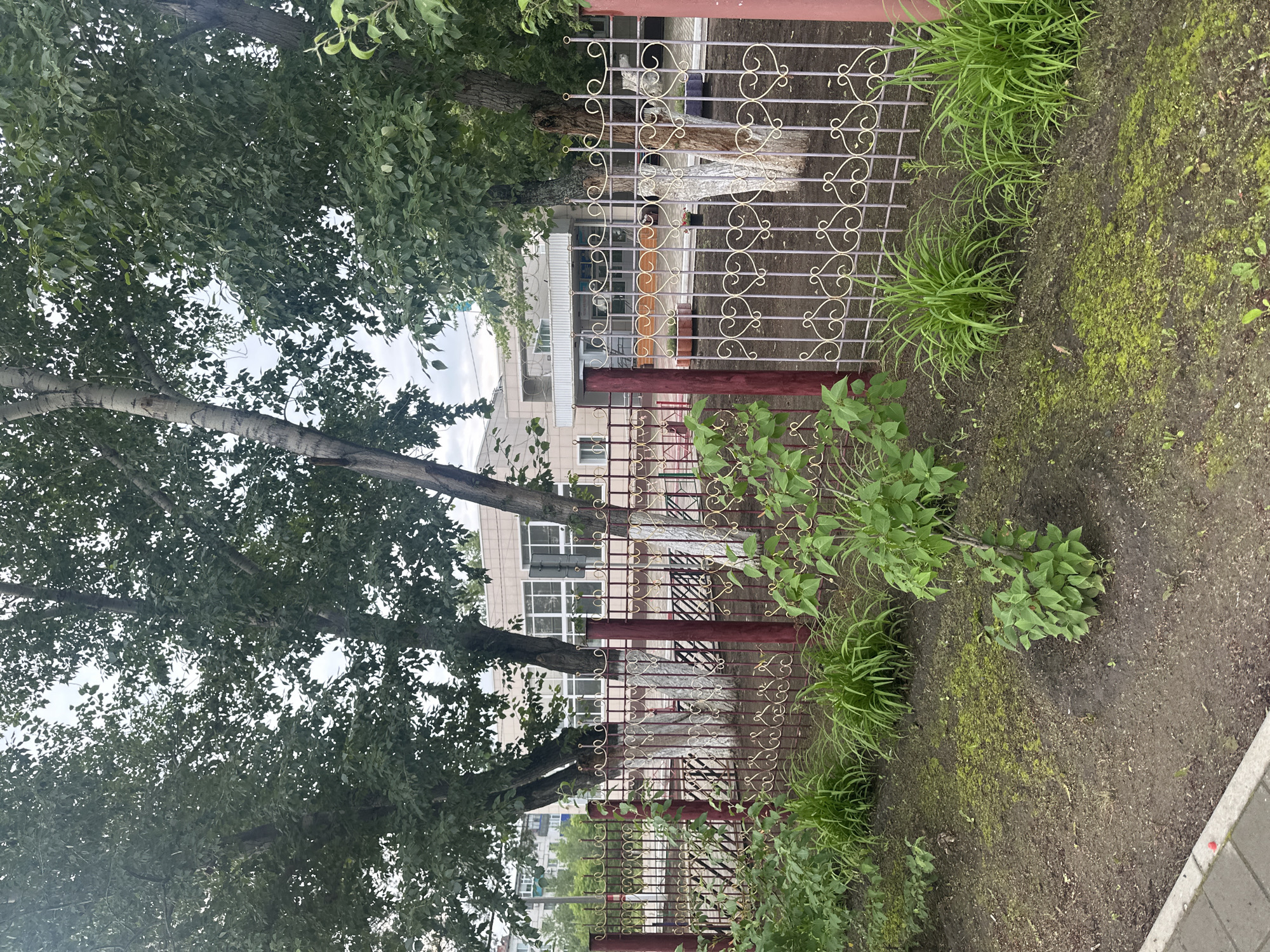 The image shows a view of a school or educational institution in the city of Rudny, Kazakhstan. In the foreground, there is a decorative metal fence with a red frame and light-colored panels featuring heart-shaped motifs. Beyond the fence, there are several trees with lush green foliage. Behind the trees, a light-colored building with large windows is visible. The building appears to be modern in design, with a covered entrance area. The ground in front of the fence is dirt and sparse green vegetation. The sky is overcast.