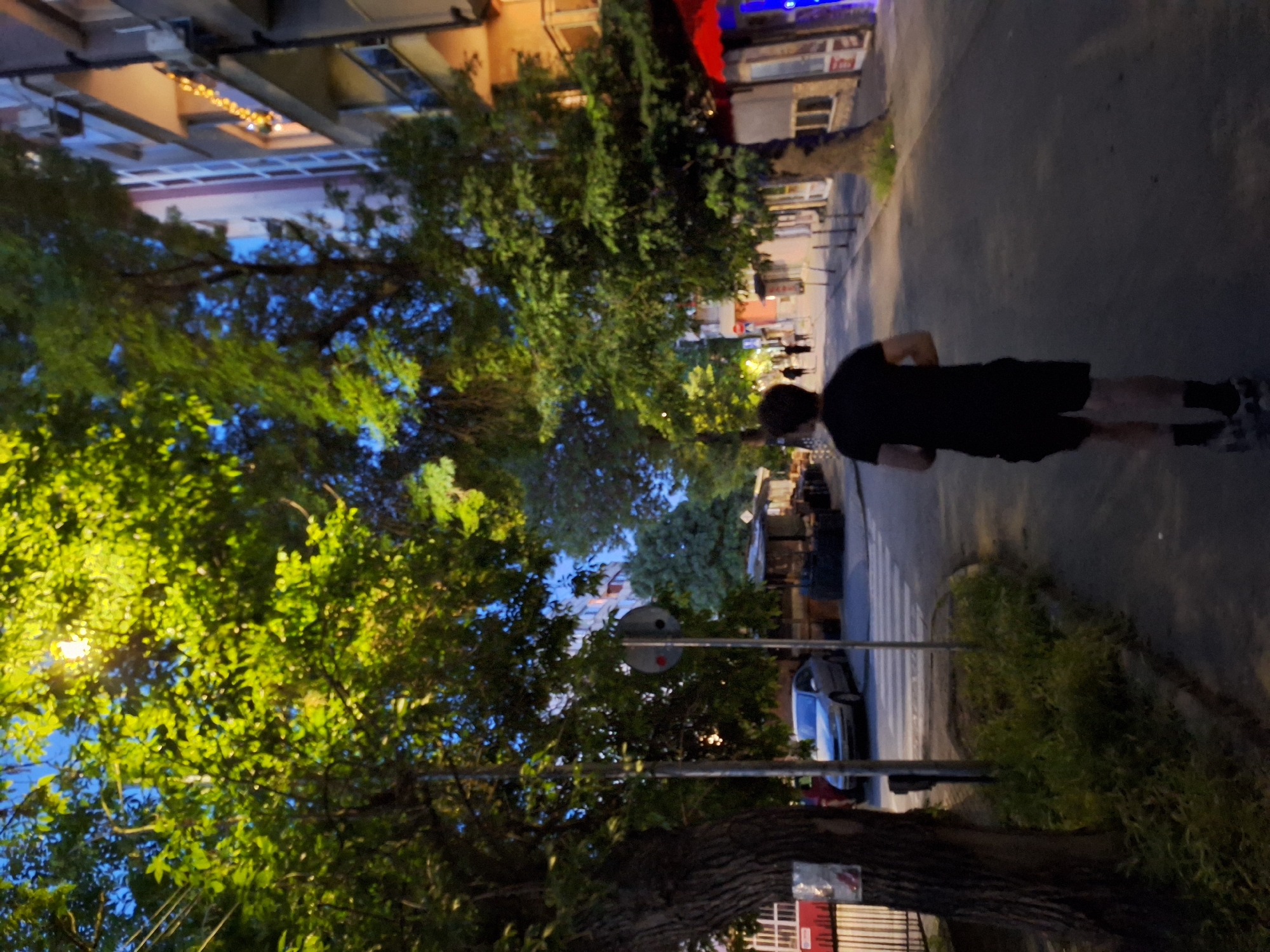 A person is rollerblading down a sidewalk in Varna, Bulgaria at dusk. The person is wearing a black t-shirt and black shorts, with black socks and rollerblades. The sidewalk is lined with trees and buildings. There is a car parked on the street, and a crosswalk is visible. The sky is dark blue with some lights from the buildings and streetlights visible. The image appears to have been taken from a slightly elevated perspective, looking down at the rollerblader.