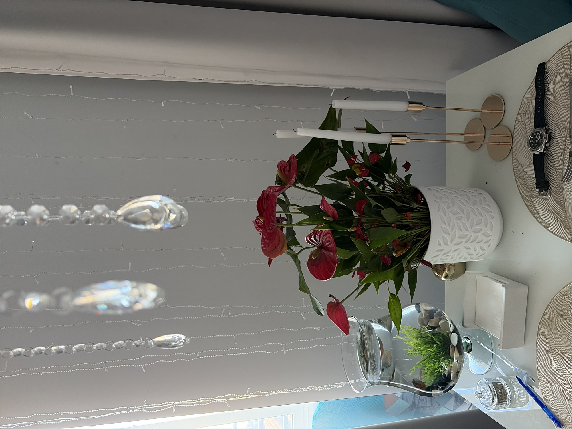 The image depicts a still life arrangement on a white table. In the foreground, a black-strapped wristwatch is placed on a decorative placemat. To the left, a small glass jar with a lid sits next to a blue pen and a white napkin holder containing white napkins. Behind these items, a clear glass vase on a pedestal holds water, pebbles, and a small green plant, possibly for an aquarium.
Dominating the center of the arrangement is a potted plant with vibrant red anthurium flowers and green leaves. It is housed in a white ceramic pot with a textured design. To the right of the plant, three white taper candles are arranged in minimalist gold candle holders of varying heights.
In the background, a light grey wall is visible, adorned with vertical strings of small lights and decorative crystal drops hanging from above. A beige curtain is drawn to the right side of the image, partially obscuring the wall. The overall impression is one of a carefully curated indoor setting, possibly a dining table or a decorative display. The image does not contain any information that would indicate a specific location in Moscow, Russia.