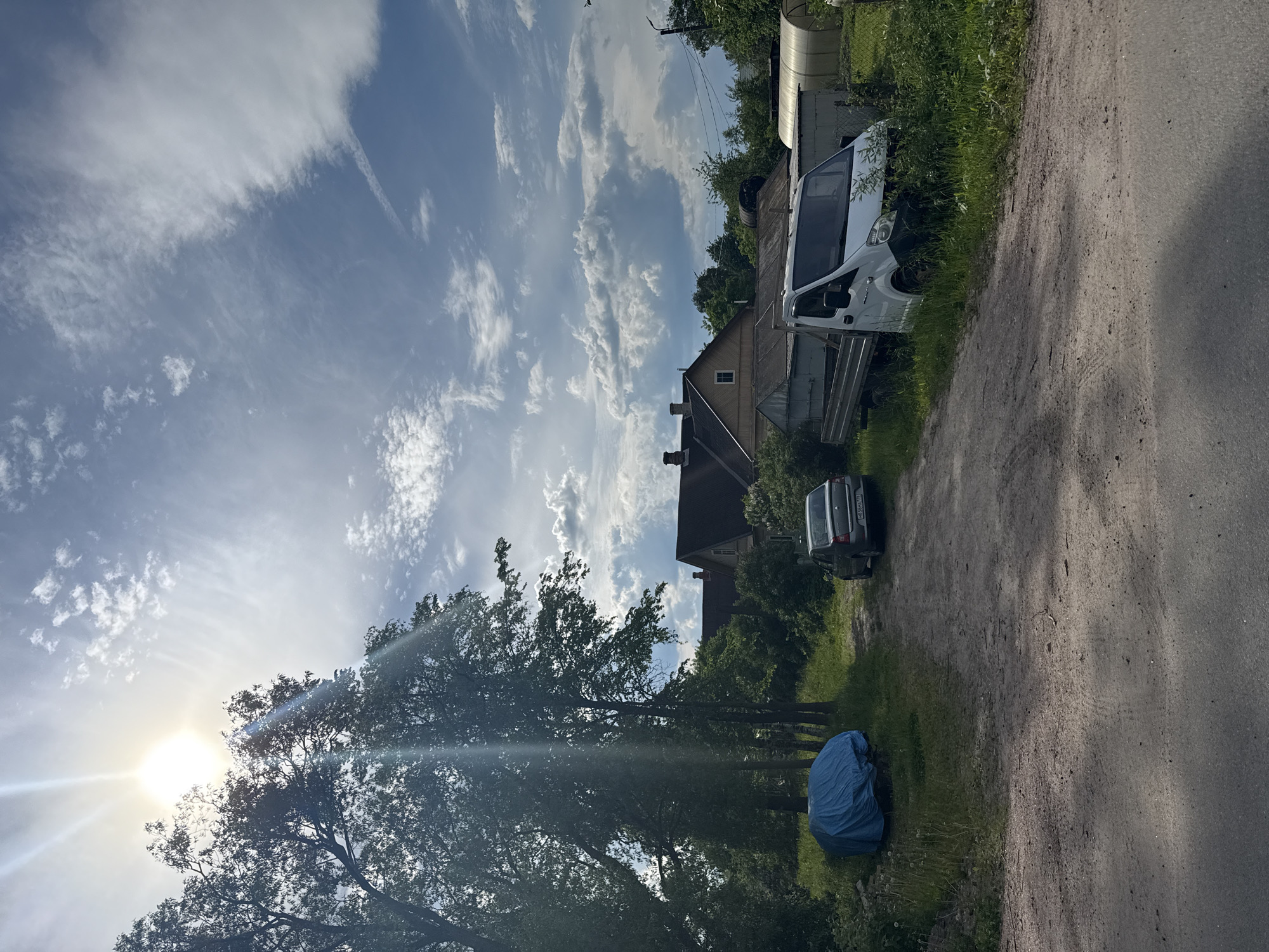 This image depicts a static, outdoor scene in a semi-rural or suburban residential area of Saint Petersburg, Russia, under a bright, partly cloudy sky. The sun is prominent in the upper left quadrant, emitting significant lens flare through tree foliage.
The foreground is dominated by a dry, light-colored dirt road or path, which transitions into a darker, likely paved surface at the very bottom edge. Grass and weeds grow along the edges of the dirt path.
To the left, a large object is covered by a blue tarp, positioned at the base of several tall, leafy deciduous trees that frame the left side of the scene. Further along the dirt path on the left, a dark-colored sedan, consistent with a Renault Logan, is parked facing away from the viewer. Its rear license plate, M856MA 178, is visible, confirming the Saint Petersburg region (178).
In the midground and background, several residential structures are visible. A multi-story wooden house with a dark gabled roof is centrally located, partially obscured by surrounding trees and bushes. Adjacent to it are smaller ancillary buildings or sheds. On the far right, a white flatbed truck, resembling a GAZelle, is parked facing the viewer, partially overgrown with weeds and grass. Beyond the truck, a greenhouse or polytunnel structure is visible.
The sky exhibits a mix of scattered cumulus clouds and wispy cirrus formations against a blue background. A faint contrail is discernible in the upper right portion of the sky. No individuals are present within the scene.