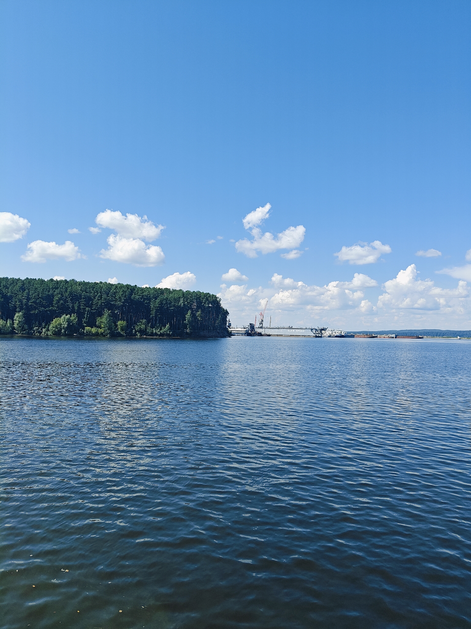 This is a daytime, eye-level, outdoor, medium-wide shot of the Kama River in Chaikovsky, Russia. The sky is blue with scattered white cumulus clouds. The foreground is dominated by the rippling surface of the river, which is a deep blue color. In the middle ground, a dense, dark green forest lines the riverbank on the left. To the right of the forest, a port or industrial area is visible, with cranes and several barges or ships docked. The industrial structures are light-colored and contrast with the natural greenery. The horizon is indistinct, with a faint line of land visible in the far distance. There are no people visible in the image. The overall impression is one of a serene natural landscape juxtaposed with industrial activity.