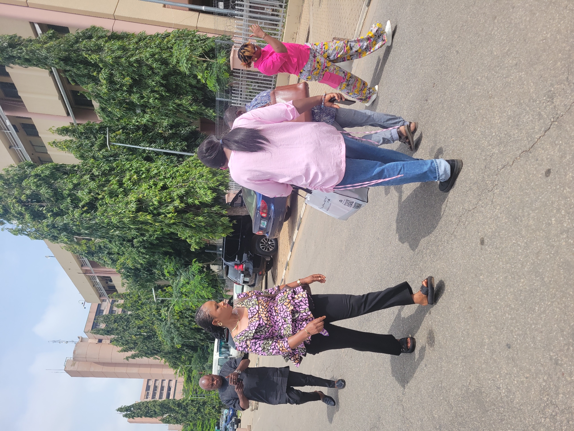 This outdoor street scene, likely in Abuja, Nigeria, captures a bustling urban environment under bright daylight with a clear blue sky. The image features several people walking on a paved road, which is flanked by lush green trees and multi-story light brown buildings in the background.
In the foreground, a woman wearing a patterned floral blouse in shades of pink, purple, black, and white, paired with black trousers and sandals, walks towards the left of the frame. She has braided hair and is accessorized with gold earrings and a necklace. Beside her, a bald man in a black tunic-style outfit and black shoes walks in the same direction.
Further back and to the right, a woman in a light pink top, blue jeans, and black shoes is seen from behind, carrying a white shopping bag that partially shows the text "JD.COM" and "advise.com". A man in a patterned shirt and grey trousers walks behind her, holding a brown bag. Behind this group, another woman in a vibrant pink shirt and brightly patterned trousers (yellow, grey, and pink) with white sneakers appears to be posing or making a playful gesture, with her arms raised.
Several cars, including a blue sedan and a black SUV, are parked along the street. Strong shadows indicate a sunny day. The scene depicts everyday activity in a vibrant city setting.