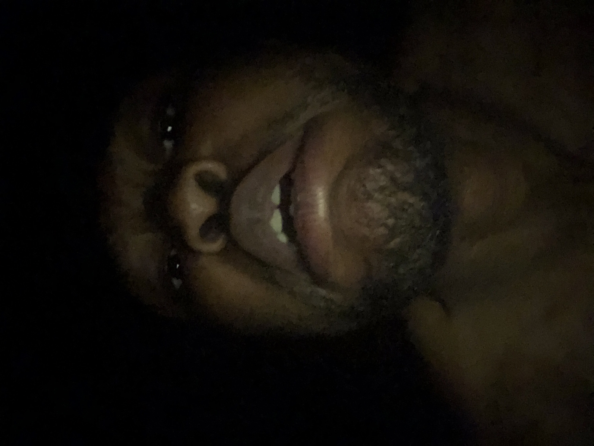 Here's a description of the image:
An upward-facing close-up of a dark-skinned person's face. The person has their mouth open, slightly protruding their tongue. Their left eye is visible at the top left, and part of their ear is visible to the left of their mouth. The background is dark. The location is Unknown, Unknown.