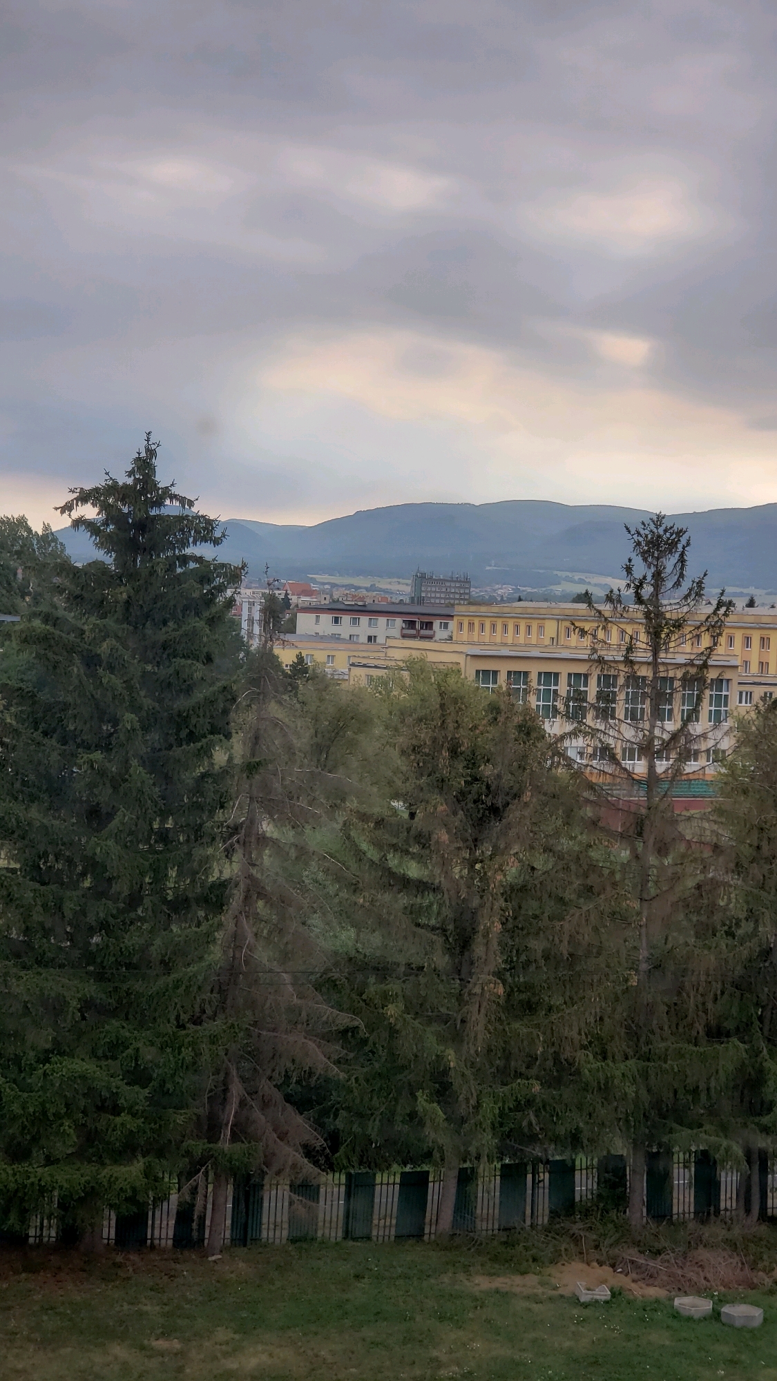 The image depicts an overcast sky above a cityscape in Prešov, Slovakia. In the foreground, several tall evergreen trees dominate the scene, with their branches extending across much of the frame. Behind the trees, a long, multi-story building with a yellow facade and numerous windows is visible. Further in the background, rolling hills or mountains form the horizon, partially obscured by the haze and clouds. A few other smaller buildings and structures can be seen scattered throughout the urban landscape. A dark metal fence runs horizontally across the lower part of the image, separating the foreground from a grassy area.