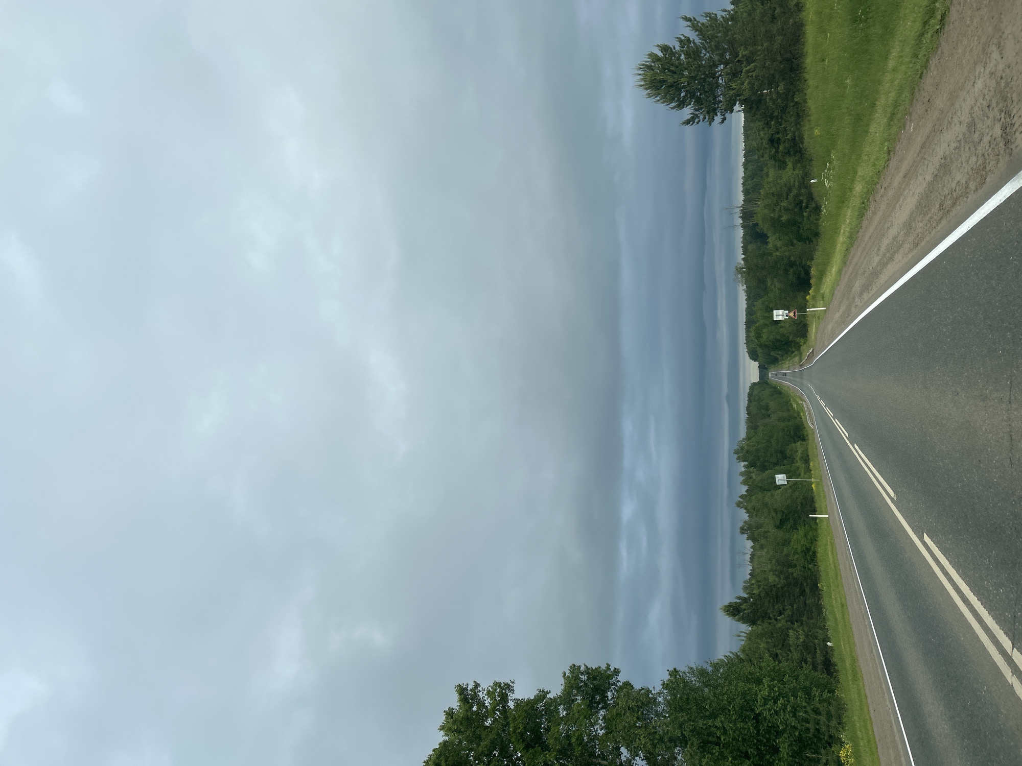 The image depicts an overcast sky over a straight, paved road that recedes into the distance. The road is bordered by lush green trees and vegetation on both sides. There are two white lines marking the lanes of the road. On the right side of the road, there is a traffic sign with a white background and black markings. Another white post with a sign is visible on the left side of the road further ahead. The landscape appears rural or semi-rural, possibly on the outskirts of the city of Chaikovsky, Russia, given the vast green expanse and the style of the road and signage. The overall atmosphere is muted due to the cloudy sky. No people or vehicles are clearly visible in the foreground, though distant vehicles might be present on the road.