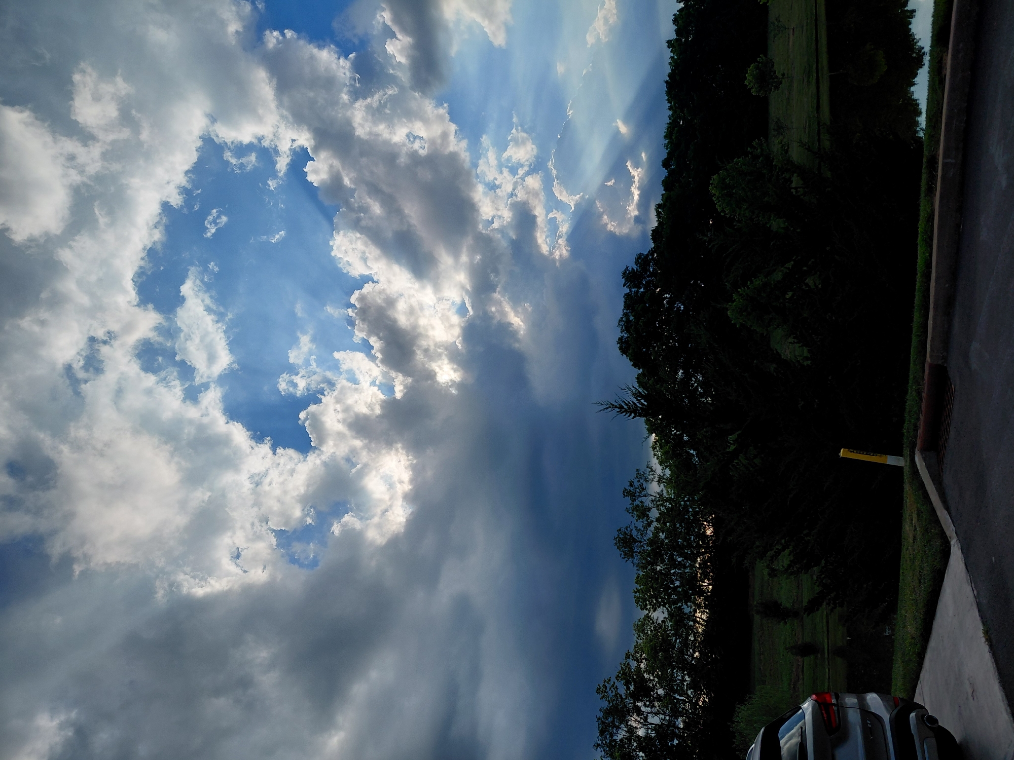 The image shows a dramatic sky with dark, heavy clouds on the left and bright sunlight breaking through on the right. Visible sunbeams are streaming through a gap in the clouds, illuminating the blue sky beyond. In the foreground, the dark silhouettes of trees and foliage line the bottom of the frame. A body of water, possibly a pond or lake, is visible reflecting the dark trees and sky. To the left, the rear of a silver SUV is partially visible, parked on a paved surface. A yellow and white post stands near the center right of the frame. The scene appears to be an outdoor environment with natural elements like trees and water, and a man-made element in the form of the vehicle and paved area. The overall impression is that of an approaching storm or a storm that has just passed, with dynamic atmospheric conditions. The location is the city of Lexington, United States of America.
