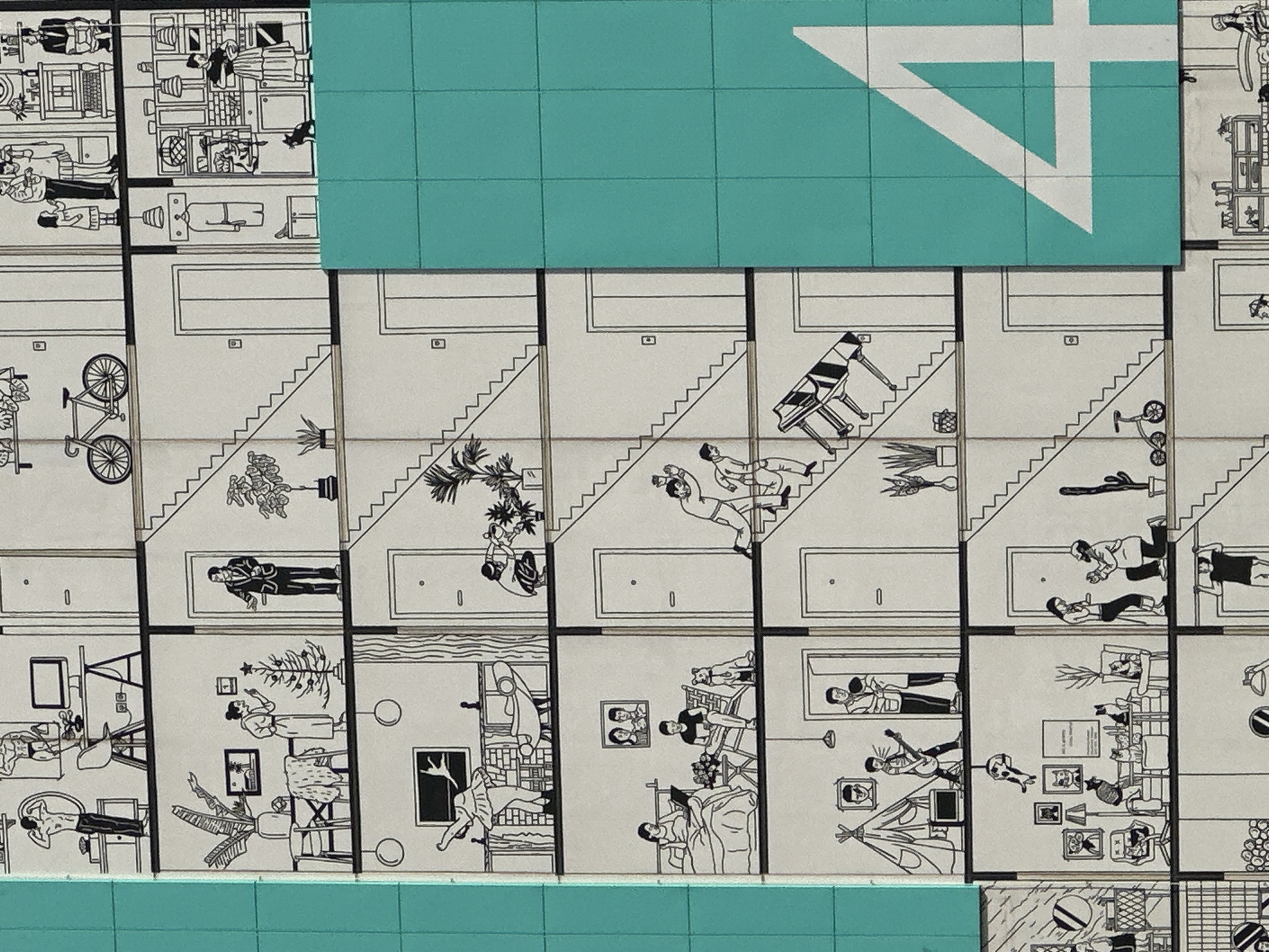This detailed illustration depicts a vertical cross-section of a multi-story residential building located in Бараўлянскі сельскі Савет, Belarus. The scene is rendered in black and white line art, portraying diverse domestic activities across multiple apartments and common areas. The right side of the image is partially obscured by a teal panel displaying a large white numeral "4".
From top to bottom, the depicted scenes include:
* **Topmost Level:** An apartment contains a man flexing his torso, and another muscular man posing next to a desk with a computer. A bicycle is parked in the adjacent common hallway. Another apartment shows a family of three standing, while two men are present in a kitchen setting.
* **Second Level:** A woman in a robe decorates a small Christmas tree. In the hallway, a man in a suit stands in a doorway. An apartment kitchen features a woman standing at a counter with a black cat beside her, and a dog sitting on the floor.
* **Third Level:** A ballerina stretches on a platform in an apartment. A person kneels to water potted plants in the common area. An apartment shows a woman using a laptop in bed, while a man reads in a chair next to her, accompanied by a dog.
* **Fourth Level:** A man and woman run down a flight of stairs, appearing in haste. In the adjacent stairwell, two men precariously carry a grand piano down the stairs.
* **Fifth Level:** An apartment features a boy playing an electric guitar near a teepee, and a man holding a child in a doorway. In another apartment, a man kneels, proposing to a woman.
* **Sixth Level:** A person performs a pull-up on a bar in an apartment. In the common area, a person sits on a bicycle. An apartment is densely populated with numerous cats, with one person also present.
* **Bottommost Level:** Partially visible, further domestic scenes and common areas continue.
Stairs are a prominent feature, connecting all visible floors in the common areas. Elevators are also present on multiple levels. Various potted plants are situated throughout the building, both inside apartments and in hallways.