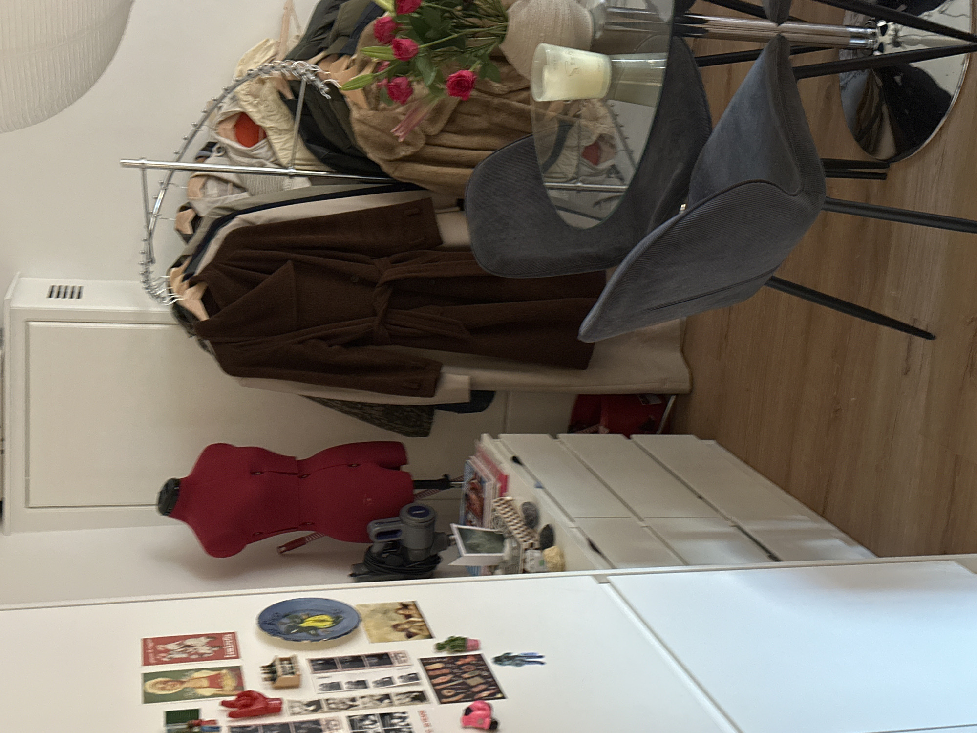An indoor scene depicts a room containing a clothing rack with various garments including a brown coat. At the base of the clothing rack is a red dress form. Adjacent to these objects is a white dresser adorned with magnets and a blue plate. The scene includes a clear-topped table with flowers, a candle, and a ball, along with a gray chair. The location is unspecified.