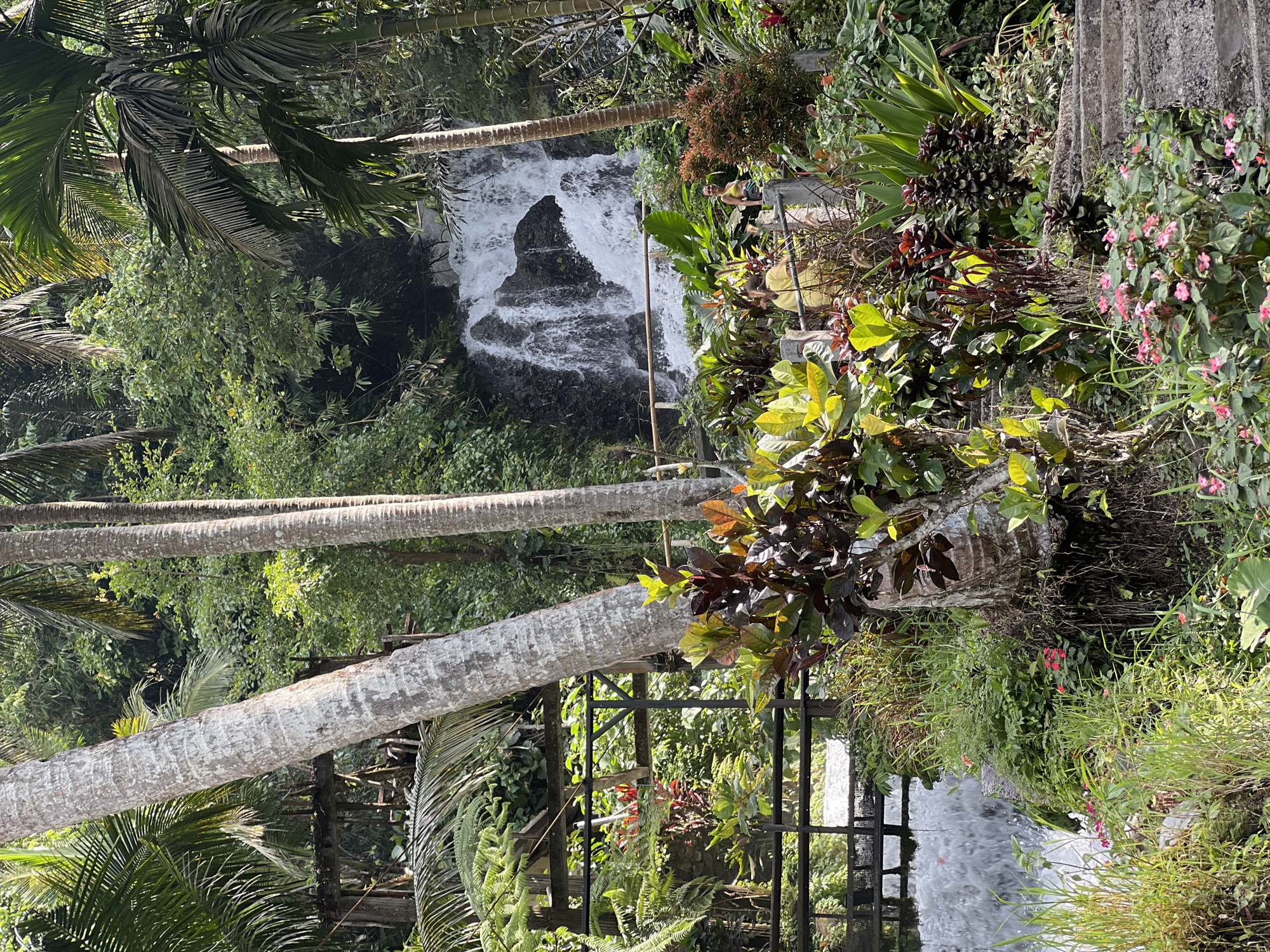 The image depicts a lush, tropical environment with a waterfall cascading over rocks in the background. In the foreground, there is dense vegetation, including palm trees, ferns, and flowering plants. A wooden bridge spans a flowing body of water on the left side of the image. Two people are visible near the waterfall; one is a woman in a yellow top and black shorts, standing on a paved pathway, and another person, whose gender is indeterminate, is wearing a yellow shirt and dark bottoms, and is further back on the same path. The overall scene suggests a natural park or tourist attraction. This location is identified as Yeh Mampeh Waterfall in Sukasada, Indonesia.