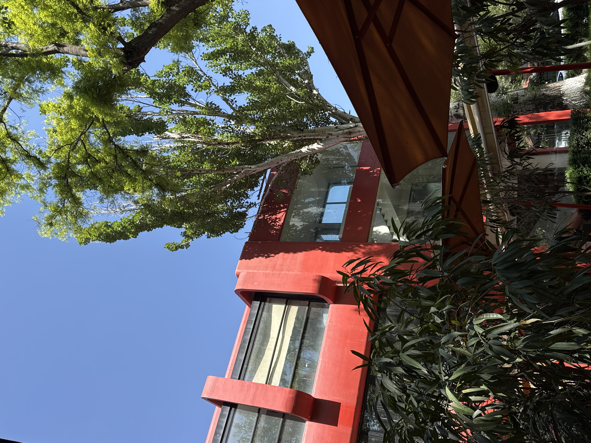 Looking up, the photograph shows a red building in Yerevan, Armenia, partially obscured by foliage and a tan awning. The building has modern architectural details, with rectangular windows on multiple levels. A tree with bright green leaves extends from the upper left corner of the frame, partially covering the blue sky. Another type of foliage is seen in the lower right corner.