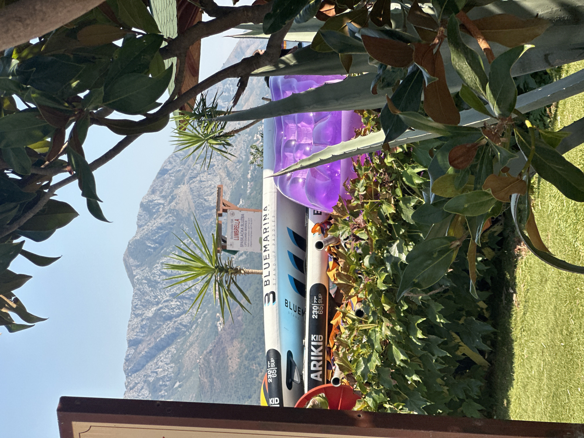 In Boreti, Montenegro, a sun-drenched scene unfolds behind lush greenery. Three stand-up paddleboards, branded "BLUE MARINA" and "ARIKI," are stacked horizontally, one on top of the other. The topmost board is white with blue lettering, the middle board is predominantly blue, and the bottom board is white with orange and black accents. Beside the paddleboards, a large, translucent purple inflatable object, possibly a water toy, is visible. In the background, a majestic mountain range, illuminated by sunlight, looms under a clear blue sky. A small sign is affixed to a wooden post near the paddleboards, and a palm tree stands tall to the left of the sign. The foreground is occupied by a patch of neatly mowed green grass and the branches of trees adorned with large, dark green leaves.