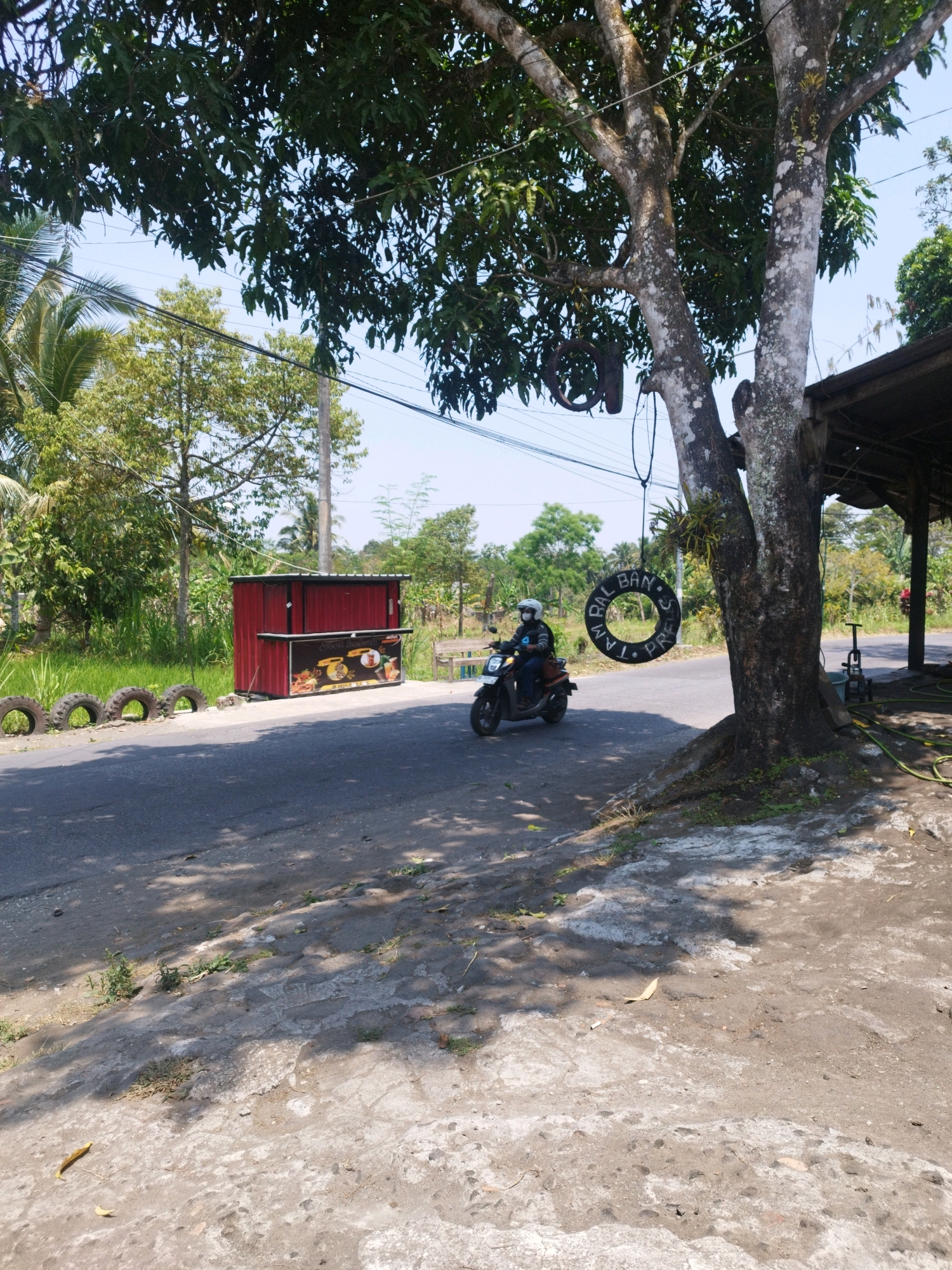 In Hargobinangun, Indonesia, a rural scene unfolds under a bright sky. A red kiosk stands by the side of a paved road, its side featuring a sign with images of food and drinks, suggesting it's a food stall. In front of the kiosk, a line of used tires forms a makeshift barrier. A person wearing a helmet and mask rides a scooter on the road, heading towards the right of the frame. The scooter has a circular sign hanging from it, displaying text in Indonesian. To the right of the road, a large tree with a thick trunk dominates the foreground, its branches extending over the scene. Beneath the tree, a shaded area is visible, with what appears to be a wooden structure with a roof. The ground is a mix of asphalt and rough, textured concrete, with scattered dry leaves and patches of grass. The background is filled with lush green foliage, including trees and palm trees, typical of a tropical environment. Power lines are visible crisscrossing the sky, indicating the presence of infrastructure. The overall impression is one of everyday life in a tropical, semi-rural setting.