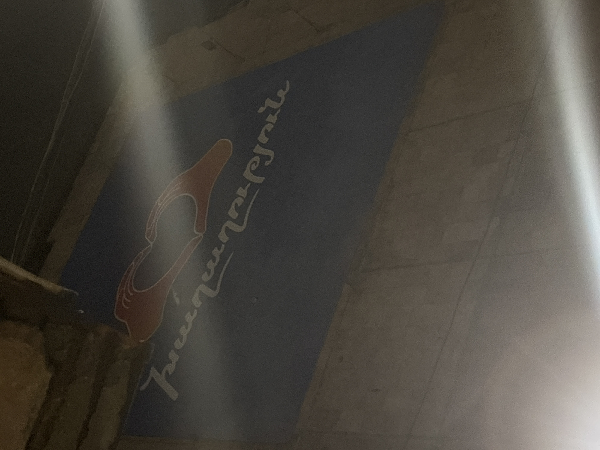 The image shows a blue sign with an orange hand graphic and text in Armenian. The sign is located on a rough, textured surface and appears to be part of a building or wall. The sign is partially obscured by strong light flares that distort the view. The picture was taken indoors. Without further information, it is not possible to determine the specific location in Yerevan, Armenia.