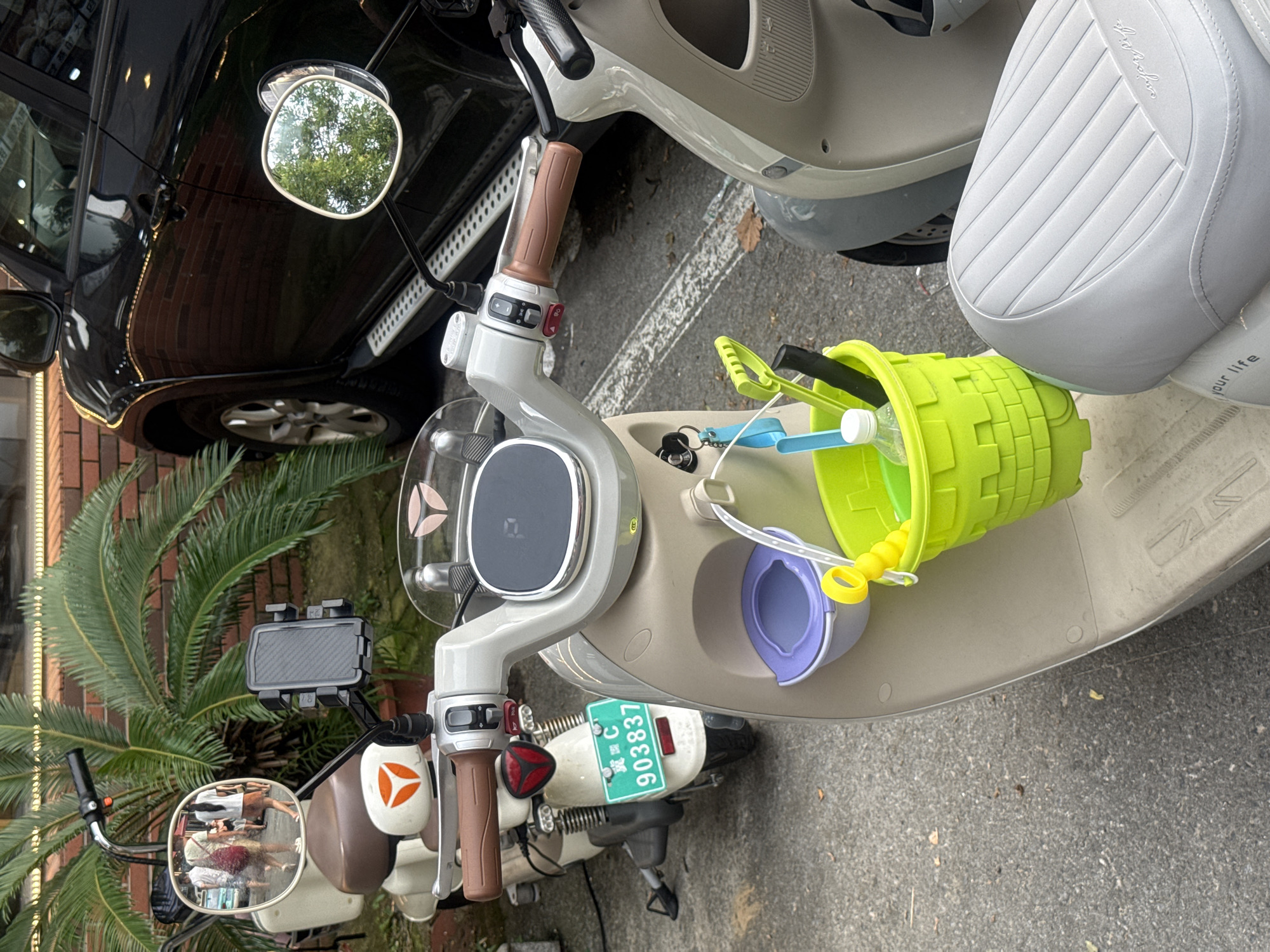 A tan and cream electric scooter is parked on a paved surface next to a black SUV. The scooter has brown grips on the handlebars, a grey steering column with controls, and a digital display panel. A smartphone mount with a black carbon fiber-textured phone holder is attached to the left handlebar. Attached to the rear of the scooter is a green license plate with Chinese characters and the number "C 903837".
A bright green plastic bucket filled with various items, including a clear plastic bottle and some sand toys, is hanging from the scooter's front. Next to the bucket is a small purple plastic bowl. The background features lush green palm fronds and a brick building. The scene appears to be outdoors, likely in a residential or commercial area of Qinhuangdao, China, given the license plate. No people are visible in the immediate foreground, but reflections in the scooter's mirrors show blurred figures of people walking. The overall impression is a snapshot of everyday urban life, with a focus on parked vehicles and personal belongings.