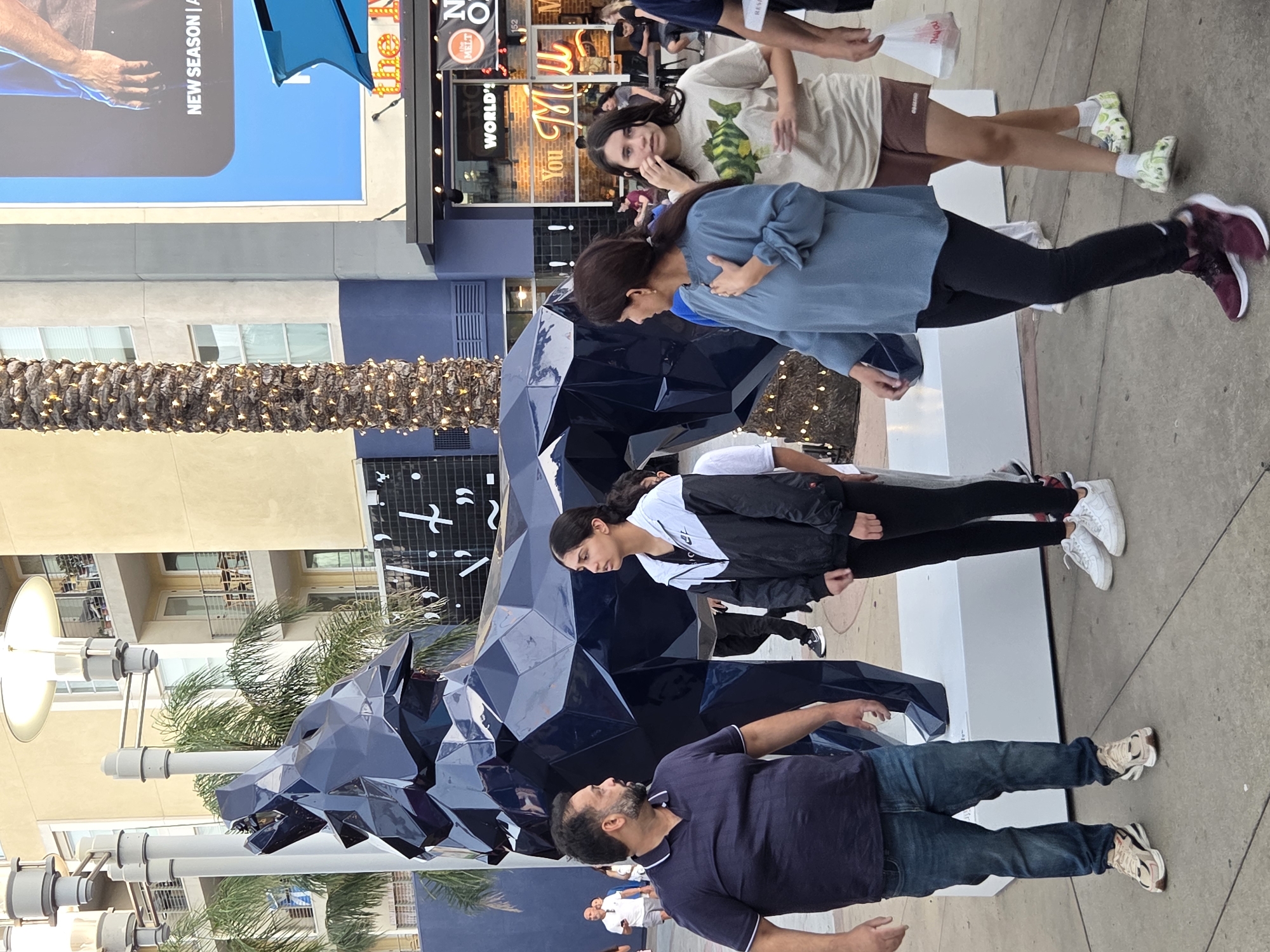 The image shows a group of people standing in front of a large, dark, faceted sculpture of a wolf's head, which is positioned on a white platform. The sculpture is located outdoors in a public space with buildings and a palm tree decorated with lights in the background. A large digital billboard is visible on the right side of the image.
In the foreground, a man wearing a dark blue polo shirt and blue jeans is standing on the left, looking towards the sculpture. To his right, a young woman wearing a black and white hooded jacket and black pants is looking to her left. A woman in a blue long-sleeved shirt and black pants is standing to the right of the sculpture, with her hand on her chest. Next to her, a young woman wearing a tan t-shirt with a fish graphic and brown shorts is looking forward. Several other people are visible in the background, some walking and others standing.
The environment suggests an urban setting, possibly a shopping or entertainment district. The buildings in the background appear to be multi-story structures with balconies. The overall scene is well-lit, likely during daytime with artificial lights also visible. The location is identified as the city of Burbank, United States of America.