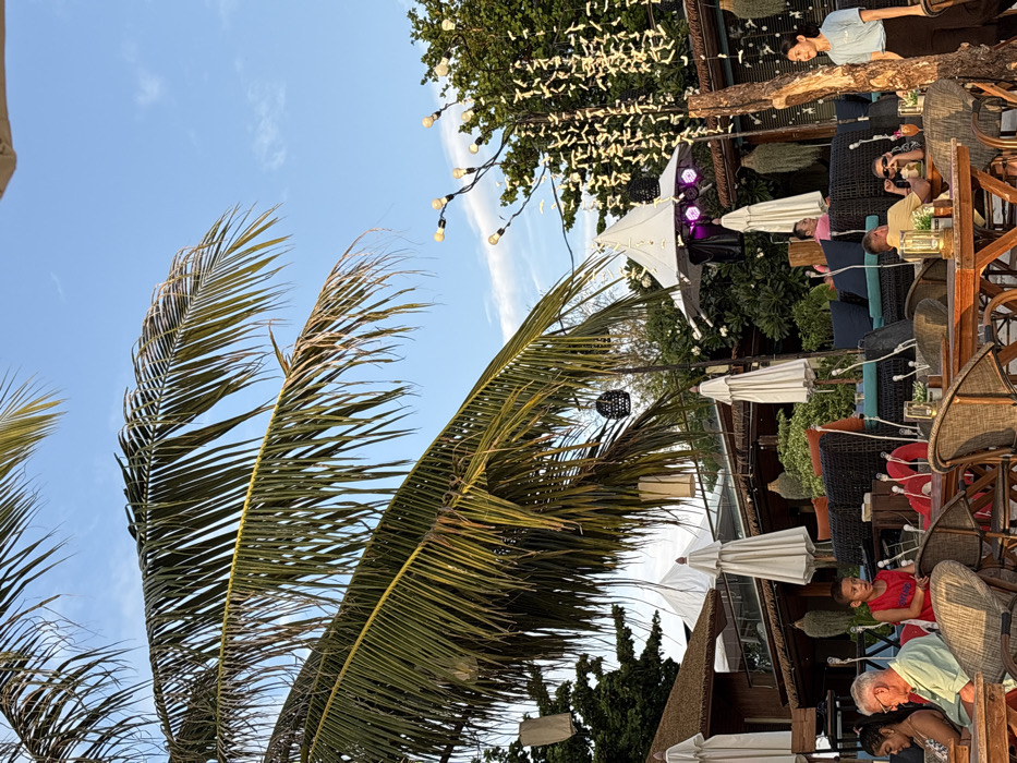The image displays an outdoor dining and lounge area in Ban Ko Li Pe, Thailand, under a clear blue sky with scattered white clouds. Large palm fronds overhang the upper portion of the scene. In the foreground and mid-ground, several individuals are seated at wooden tables with wicker-style chairs.
On the left, an older male with gray hair and glasses, wearing a light green polo shirt, is seated at a table. A woman with dark hair is partially visible next to him. A young boy in a red shirt stands or sits to the right of the first male, looking right with his mouth slightly open. In the mid-ground right, a woman in a light blue short-sleeved top and dark pants stands erect, facing right, with her hands clasped in front. Further back, a man in a yellow shirt is seated at a table, holding a dark object, possibly a phone or camera, towards the right. An individual with dark hair and sunglasses sits next to him. Other patrons are visible seated in lounge areas featuring dark woven sofas with blue cushions.
The background includes a multi-level building with a thatched roof and a glass-paneled balcony railing. Multiple white outdoor umbrellas, some folded, are positioned throughout the area. Decorative elements include strings of white globe lights suspended from a pole on the right, a white pyramidal tent structure with purple stage lights underneath, and various hanging lanterns, including black woven and white rectangular designs. Green foliage and other trees are visible behind the structures. A rustic wooden post stands prominently on the right side of the frame. A red lifebuoy is partially visible on a post in the mid-left.