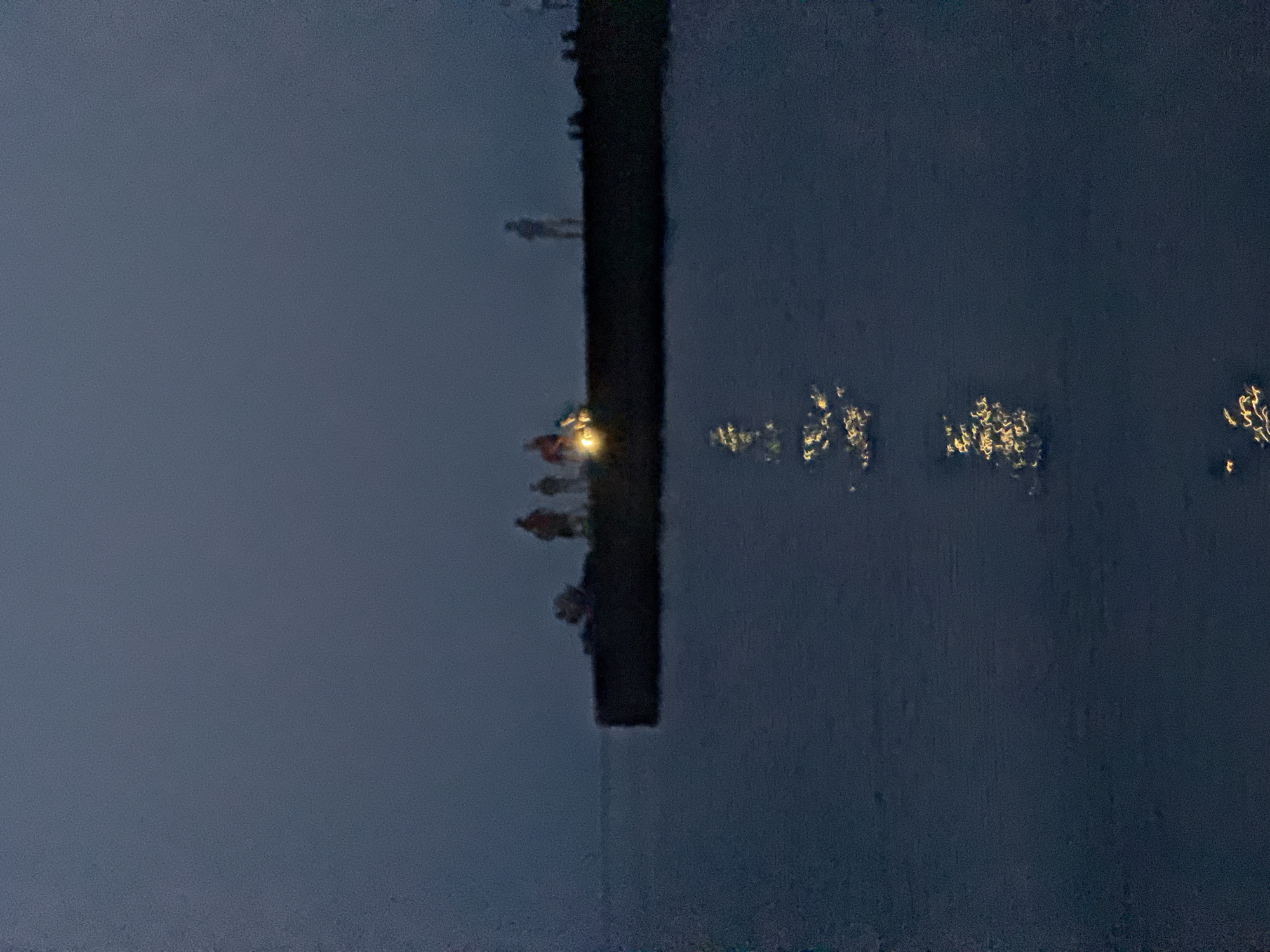 The image depicts a dark, twilight scene at a pier or breakwater in Partenit, Ukraine. Several indistinct human figures are present on the pier. One figure appears to be standing alone and silhouetted against the slightly lighter sky, while a small group of figures is gathered closer together, with one illuminated by a bright, yellow light source. The pier extends into a body of dark water, on which the lights from the pier are reflected in shimmering patterns. The overall atmosphere is muted and tranquil, characteristic of dusk or dawn over the sea.