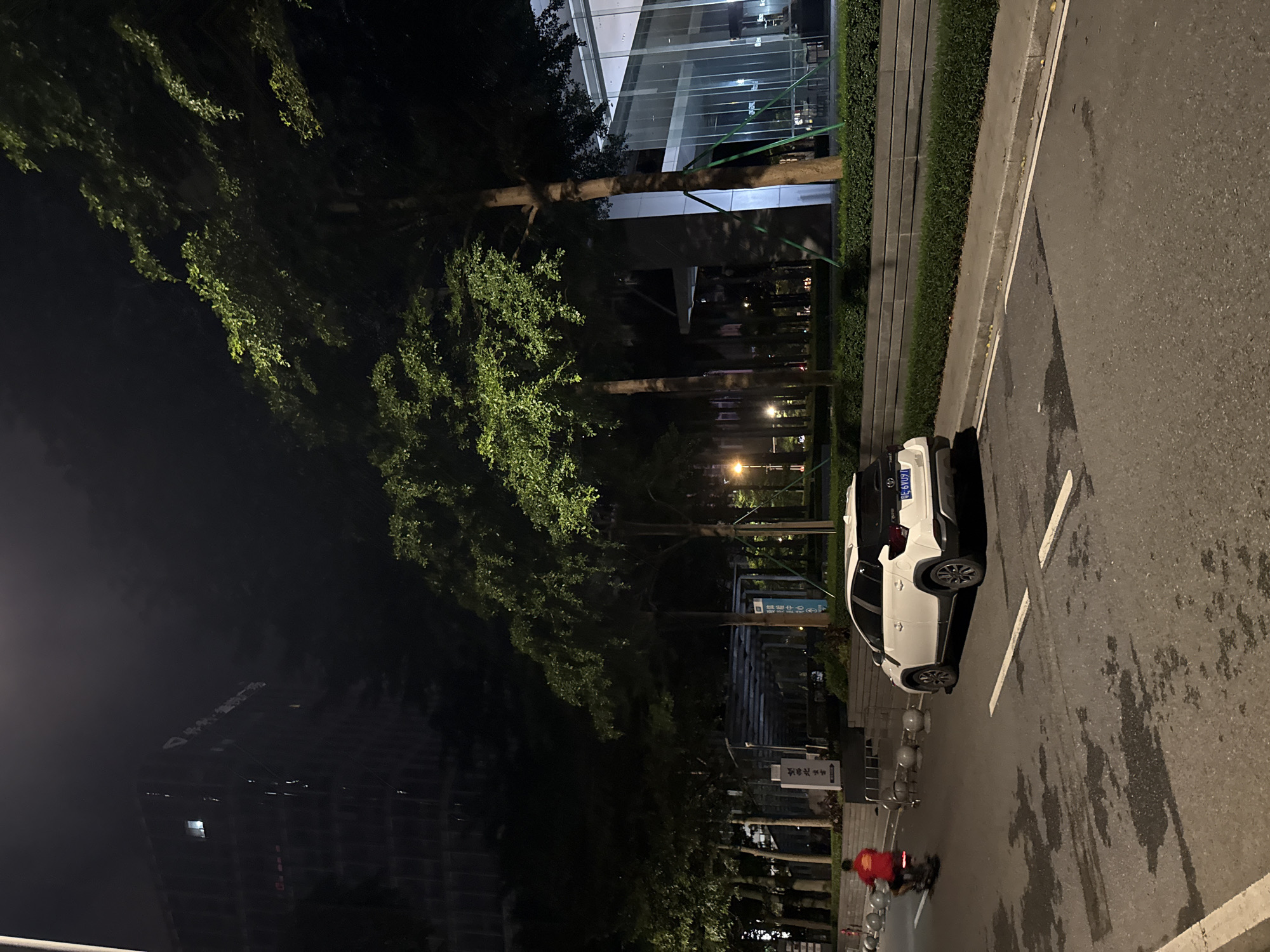 The image depicts a nighttime scene on a street in Haizhu District, China. The primary subjects include a white SUV parked on the side of the road, a person in a red jacket riding a bicycle or scooter, and trees lining the street. In the background, a modern building with a glass facade is visible, illuminated from within, suggesting it is an office or commercial space. The road surface appears wet, indicating recent rain or a damp environment, consistent with nighttime in a potentially humid climate. Streetlights cast a warm glow on the scene.
There are signs with Chinese text visible. One sign on a pole appears to be a directional or informational sign. Another sign, near the bicycle rider, also has Chinese characters. The overall atmosphere is urban and nocturnal. The time of day is clearly night, given the darkness and artificial lighting. The weather appears calm, with no visible wind or precipitation occurring at the moment the photo was taken, despite the wet road. The presence of a vehicle and a person on a scooter suggests ongoing activity in the area, even at night. The scene is well-lit in some areas by streetlights and building lights, while others are shrouded in darkness, creating a contrast.