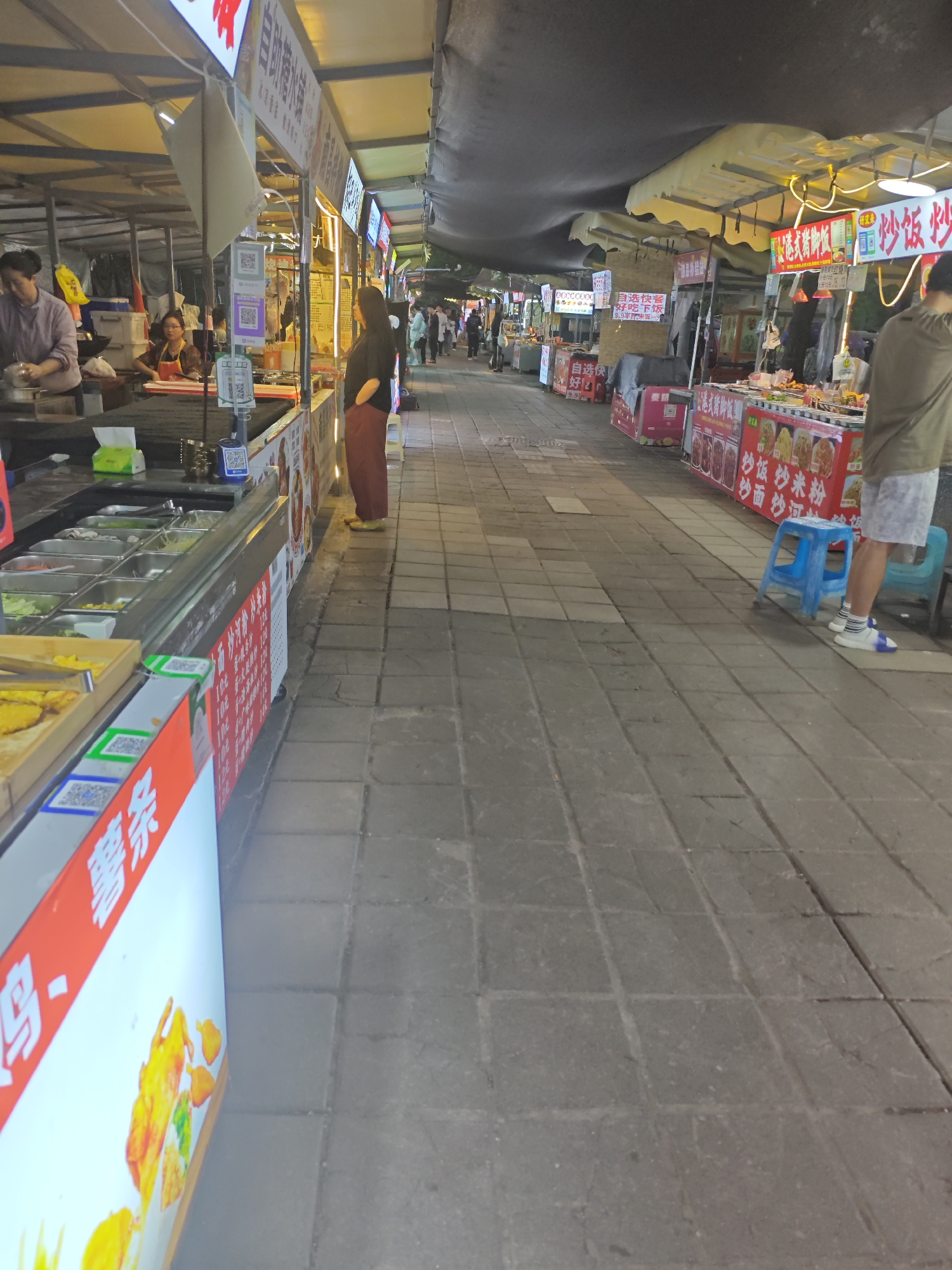 Here is a detailed description of the image:
The image depicts a bustling street food market, likely in the Shapingba District of China, judging by the Chinese signage. Several vendors line the sides of a paved walkway, each with a stall illuminated by artificial lights. The stalls are densely packed, creating a vibrant and lively atmosphere.
On the left side, a food stall displays a variety of ingredients in stainless steel containers, suggesting a self-serve or customizable dish offering. Red and white signage adorns the front, with visible Chinese characters. A woman wearing red pants stands near the stall, seemingly waiting or contemplating a purchase. A chef-like person wearing a brown shirt can be seen behind the stand seemingly working on a dish.
The right side is more densely packed with stalls, displaying colorful signage with various food options written in Chinese characters. A man in a tan shirt and white shorts stands near one of the stalls, seemingly waiting for his order. A blue plastic stool is near him, and other small plastic stools are present near the stalls.
The walkway is paved with rectangular gray stones, and the area is well-lit by overhead lights. People are scattered throughout the scene, contributing to the lively market atmosphere. The overall scene suggests a busy evening at a popular local food market.