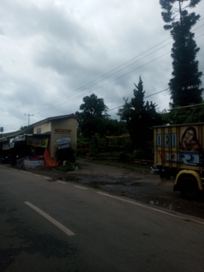 The image depicts a roadside scene in Sarwahi Mal., India, under an overcast sky. The foreground features a damp asphalt road with a solid white line and a broken white line. To the left, a two-story, light-colored building displays a "MEXACRIP" sign on its upper wall and a directional sign with indistinct text below it. Adjacent to this building are partially obscured commercial stalls or shops, characterized by tarps and awnings, with a motorcycle parked nearby. An orange tarp is visible on the ground near the building. The middle ground consists of a wet, unpaved area beside the road, leading to a densely vegetated landscape with numerous trees, including several tall conifers. Utility poles and power lines traverse the upper portion of the scene. In the right foreground, the rear section of a yellow truck is parked, featuring painted text, including elements resembling Devanagari script, and a depiction of a woman's face on its cargo bed. No individuals are visible.