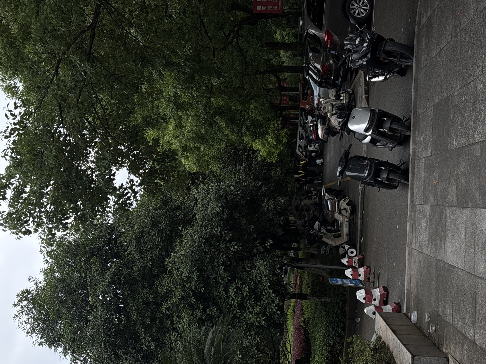 The image depicts a street scene in Nan'an District, China. The street is lined with trees and parked vehicles, including cars and scooters. There are also red and white striped traffic barriers along the edge of the sidewalk. The environment appears to be urban, with a mix of greenery and concrete. There are no people visible in the image.
