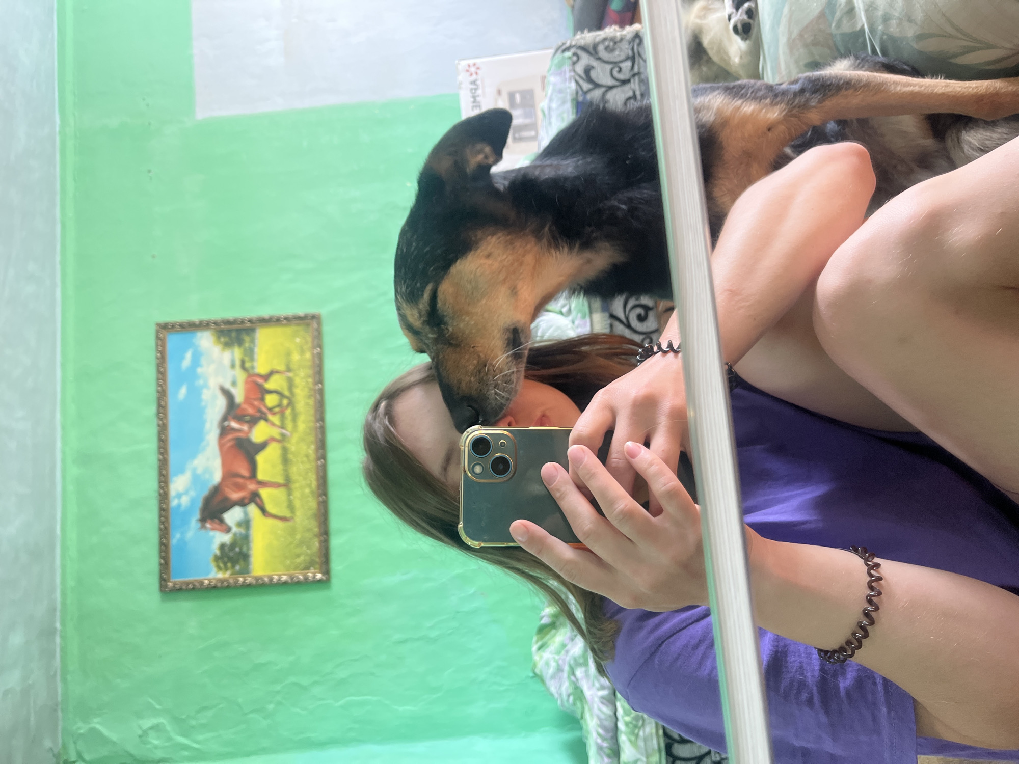 A young woman is taking a selfie in a room with green walls and a framed picture of horses on the wall. A dog is licking her face in the picture. The room appears to be a bedroom, with a bed visible in the background. The woman is wearing a purple shirt and a spiral bracelet on her arm. The dog is brown and black and appears to be medium-sized. The overall lighting is bright, suggesting it is daytime. The image was taken indoors, likely in a residential setting. Without additional information or context, it is not possible to determine the specific location within the city of Nizhny Tagil, Russia.