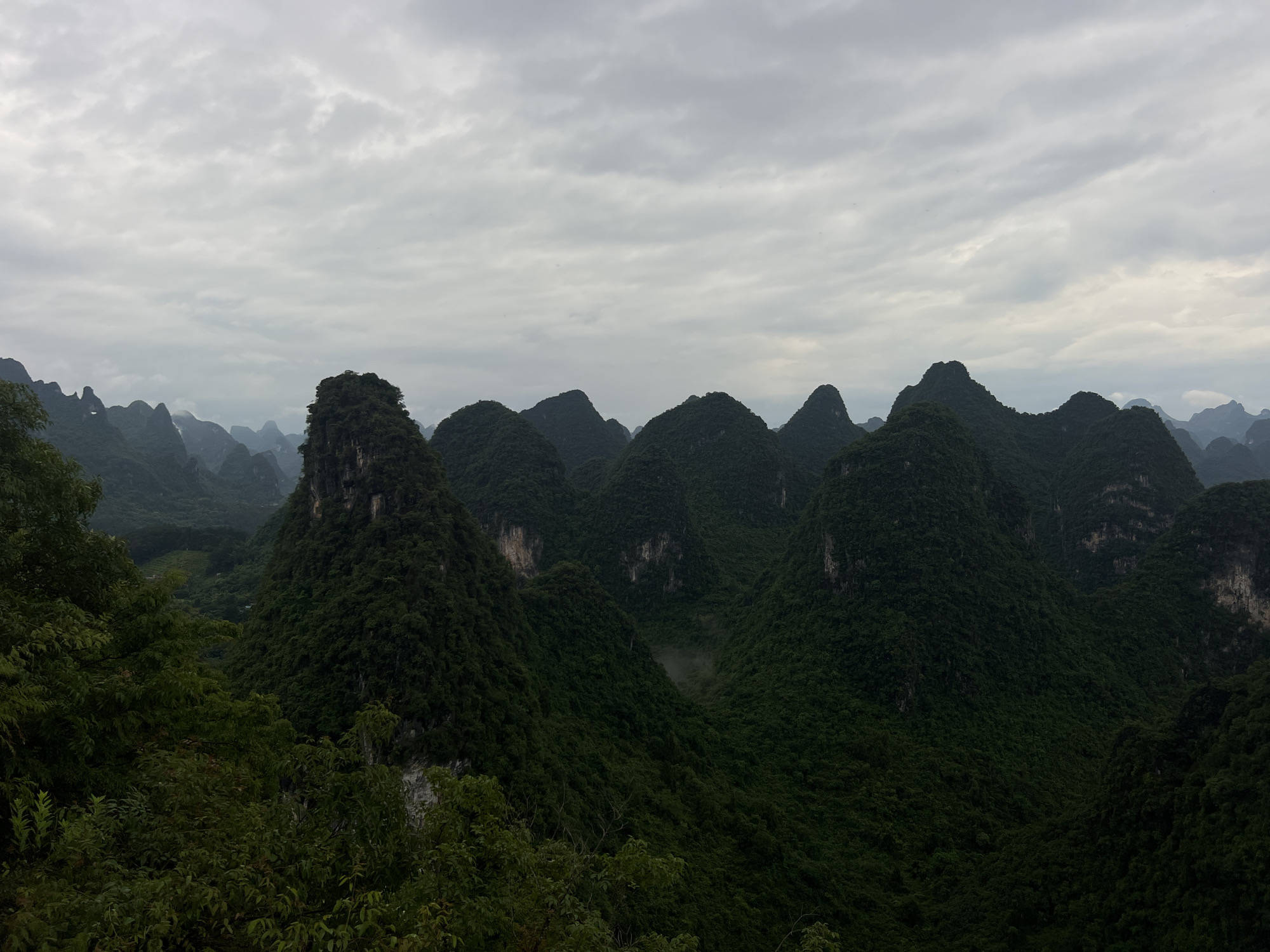 The image captures a landscape in the city of Guilin, China, characterized by numerous conical karst hills densely covered in green vegetation. The hills vary in size and distance, with some nearer peaks showing more detailed textures and exposed rock formations. The sky is overcast with a thick layer of gray clouds, contributing to a subdued and slightly misty atmosphere. The foreground includes leafy trees and foliage, partially obscuring the base of the closest hill, adding depth and perspective to the scene. The overall impression is one of a lush, hilly terrain under a cloudy sky.