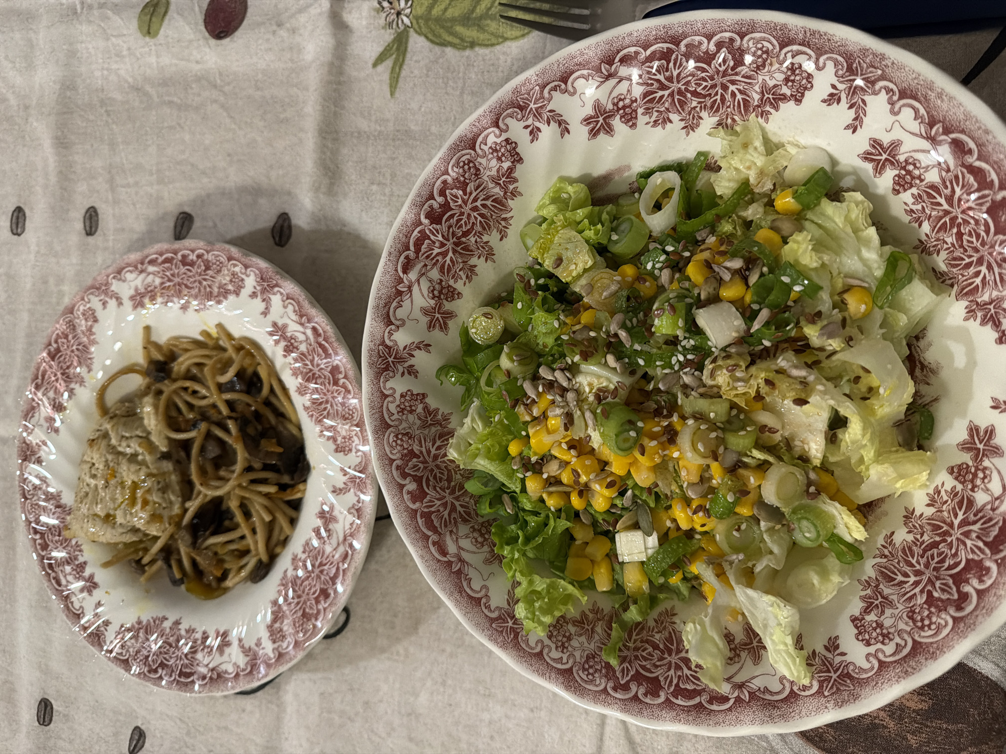 A photograph depicts two plates of food on a patterned tablecloth. The tablecloth has a light background with scattered images of olives, coffee beans, and flowers.
To the left is a smaller plate with a red and white floral pattern. It contains a portion of dark noodles mixed with what appears to be mushrooms, as well as a pale, slightly textured mound that might be tofu or another protein substitute.
To the right, a larger plate, also with a red and white floral pattern, holds a salad. The salad consists of lettuce, sliced green onions, kernels of corn, and a scattering of seeds.
The image was taken from an overhead perspective. The location is not discernible from the provided information.