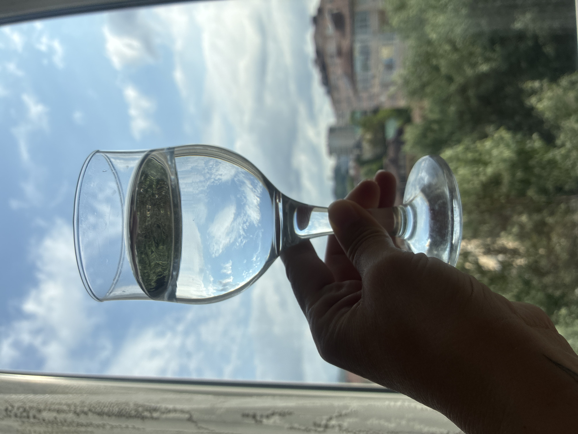 A hand holds a wine glass filled with water, obscuring a portion of the view outside a window. The glass reflects the sky and clouds, appearing as an inverted image within the water. The background, visible through the window and the glass, shows a city scene with buildings and trees under a cloudy sky. The lighting suggests it is daytime. There is no indication of the location being Sochi, Russia.